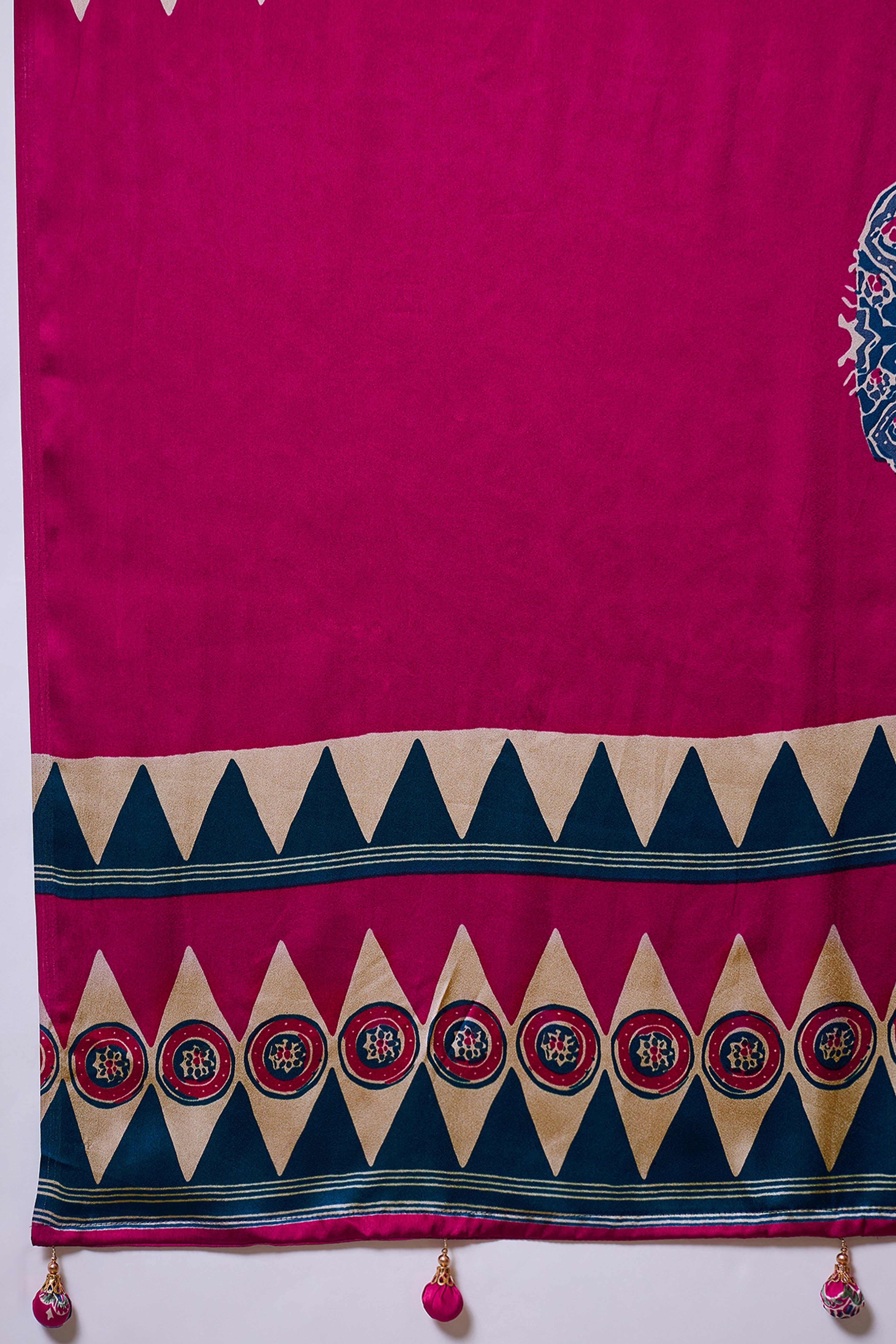 Blue Ajrakh Print Satin Saree With Traditional Charm