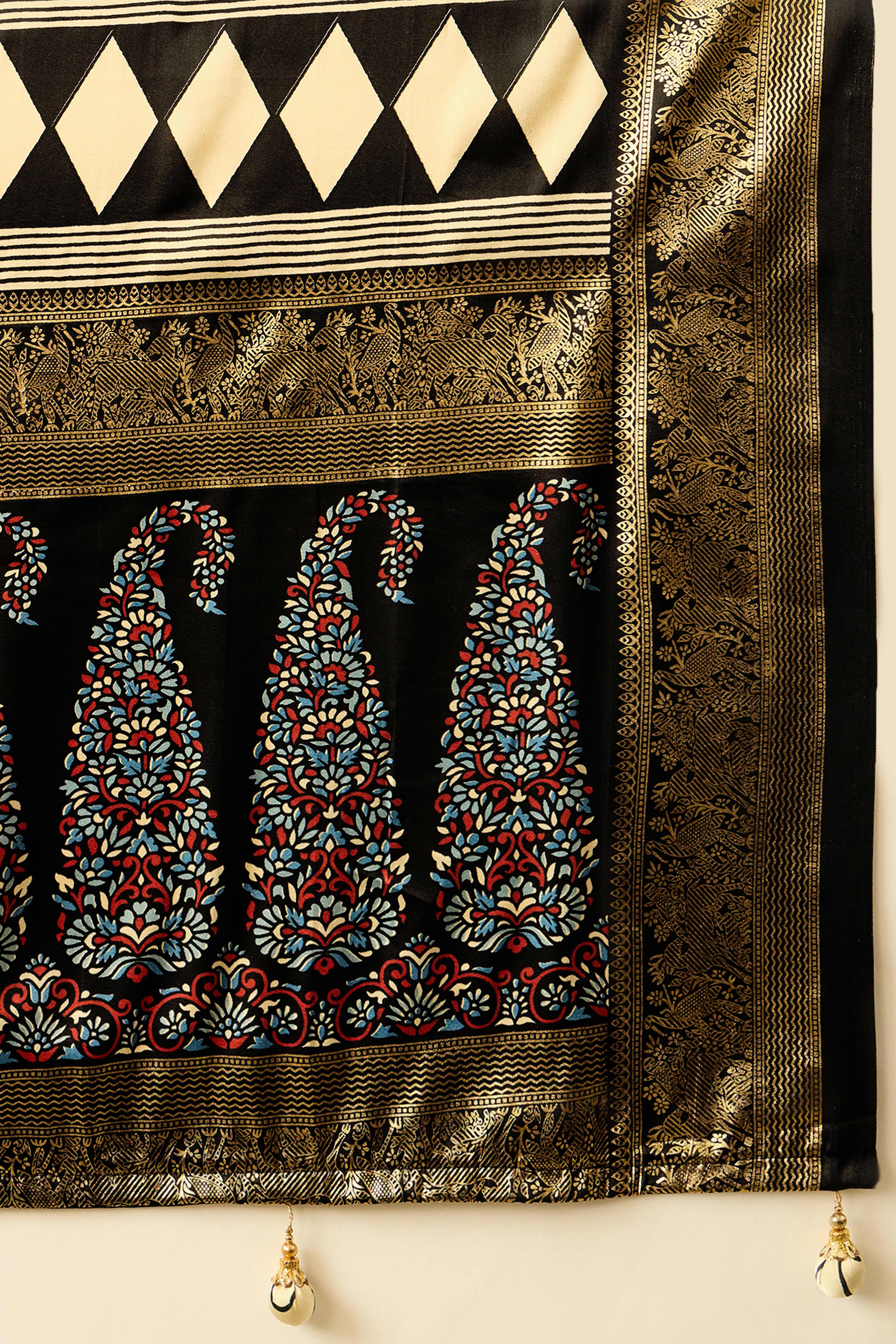 Cream Floral Printed Modal Satin Saree with Traditional Zari Detailing