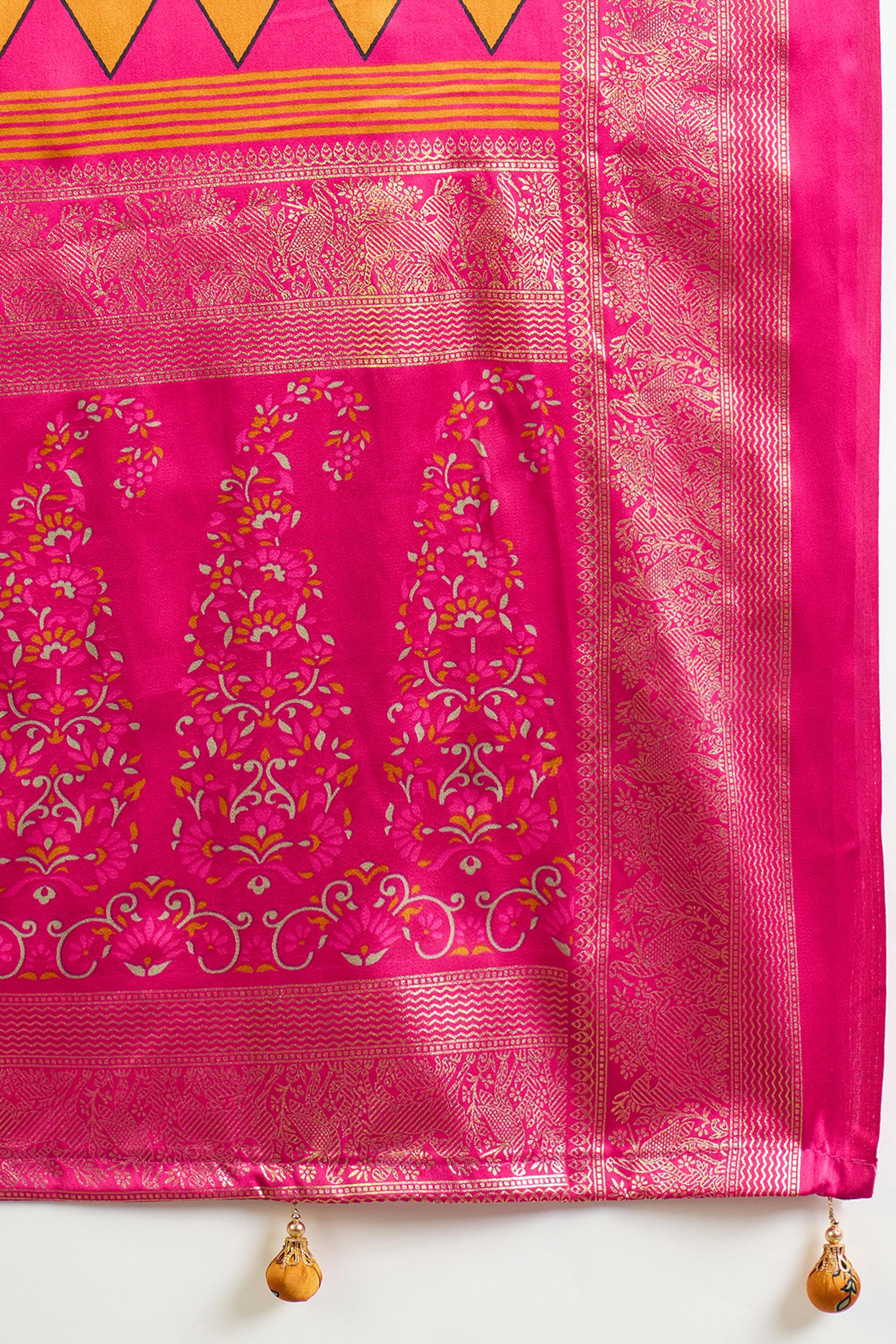 Mustard Floral Printed Modal Satin Saree with Traditional Zari Detailing