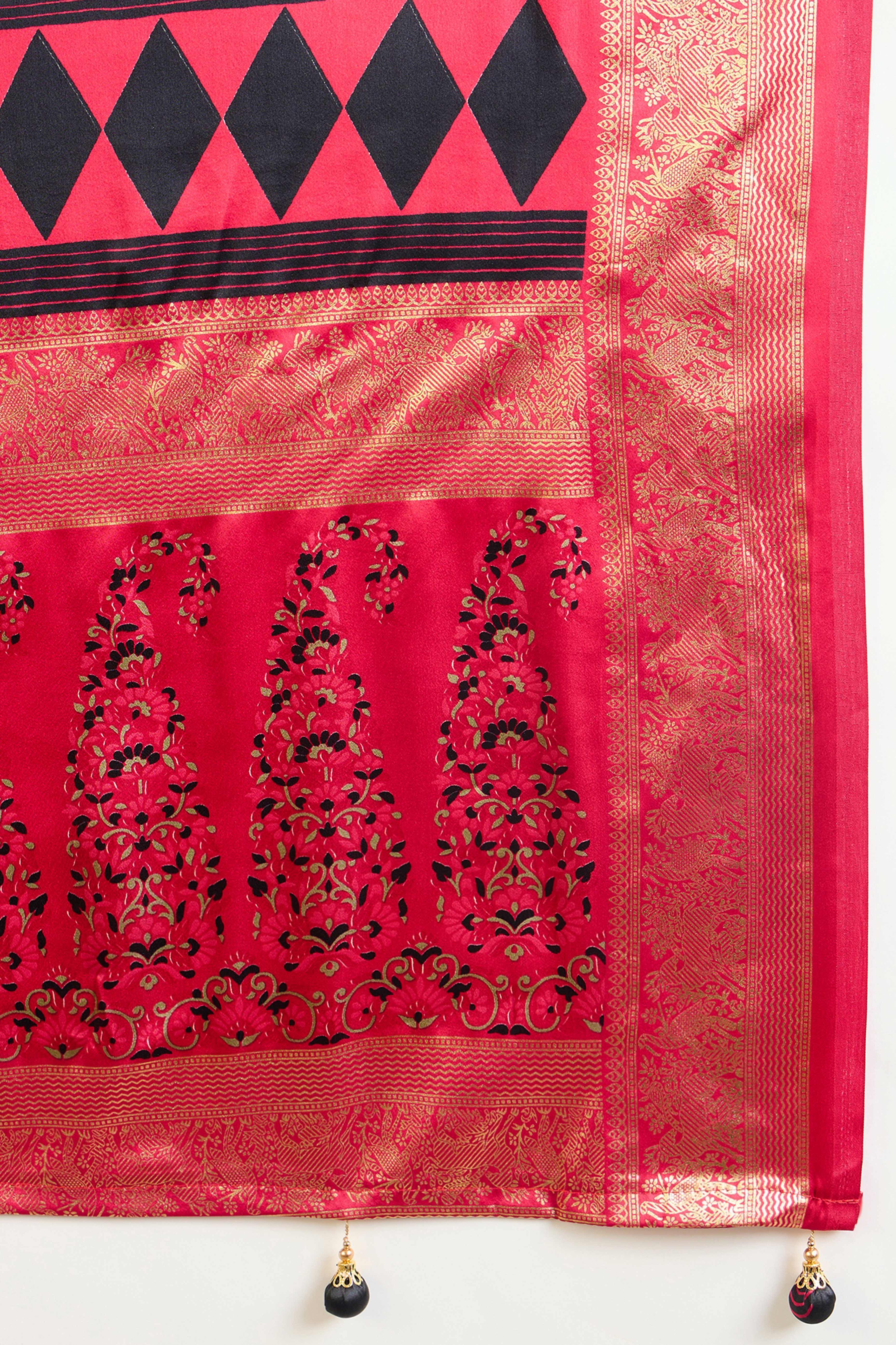 Black Floral Printed Modal Satin Saree with Traditional Zari Detailing