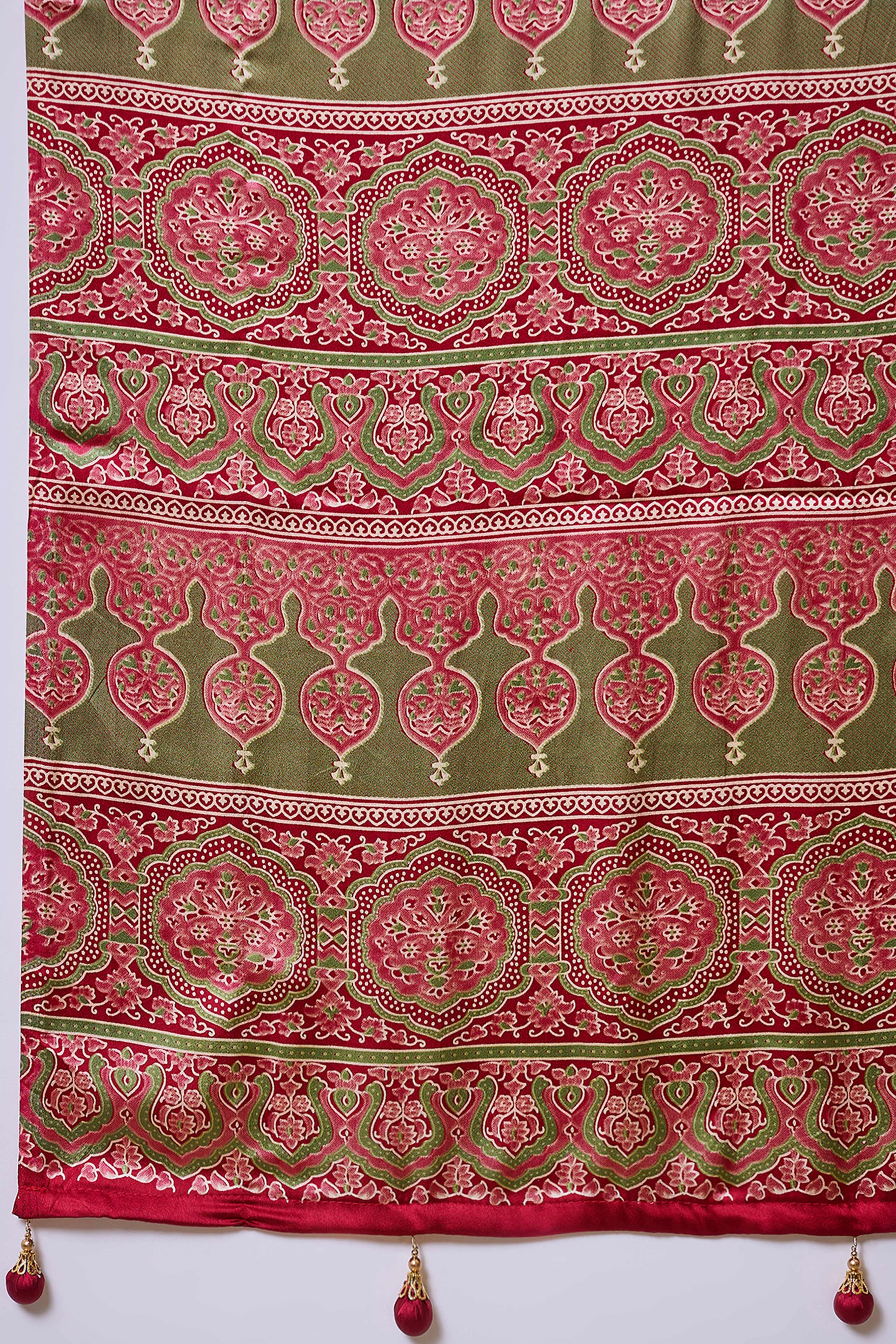 Red Solid Modal Satin Saree Highlighted With Classic Ajrakh Pallu Design