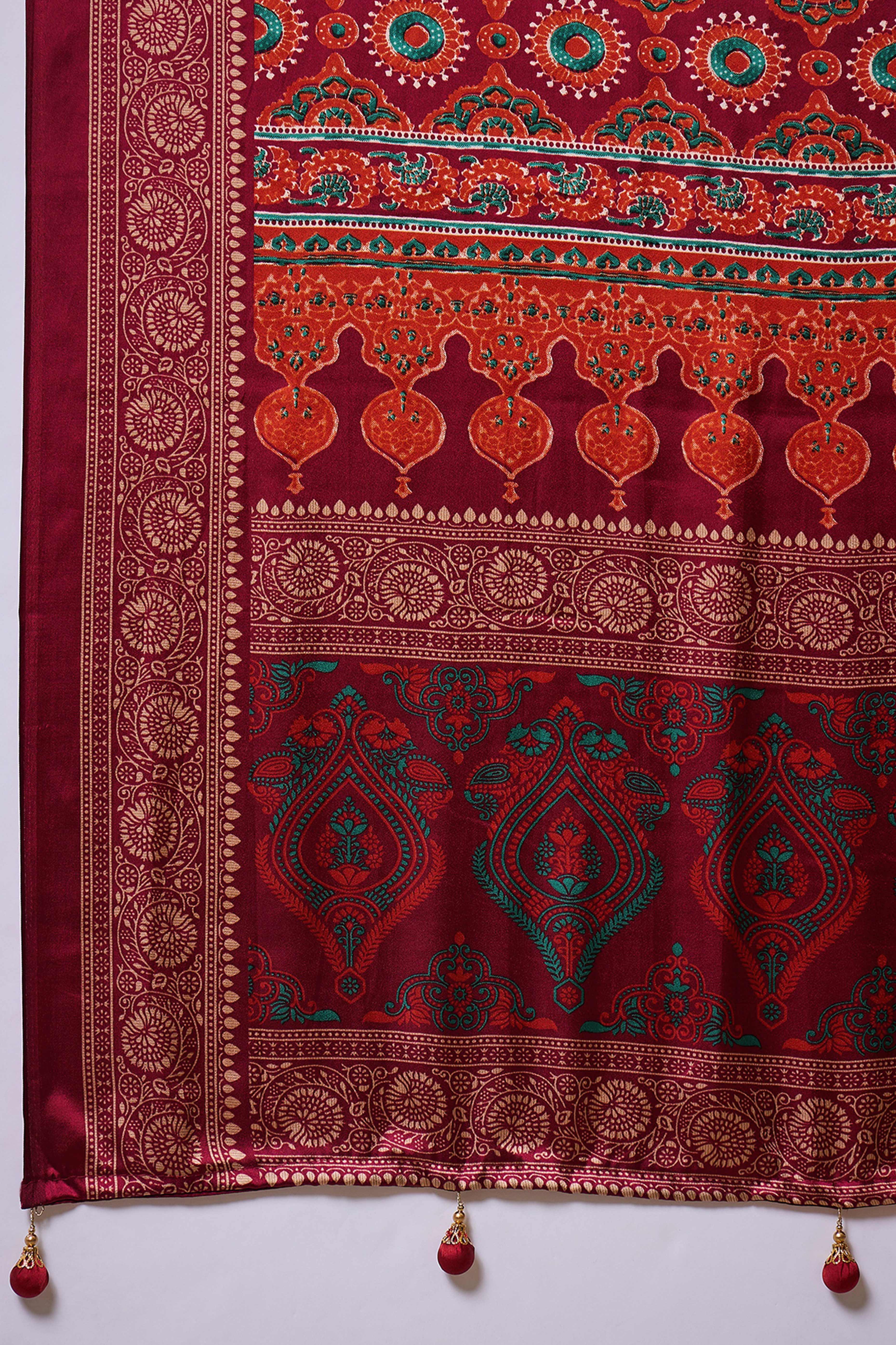 Modern Red Striped Printed Modal Satin Saree with Luxurious Flow and Shine