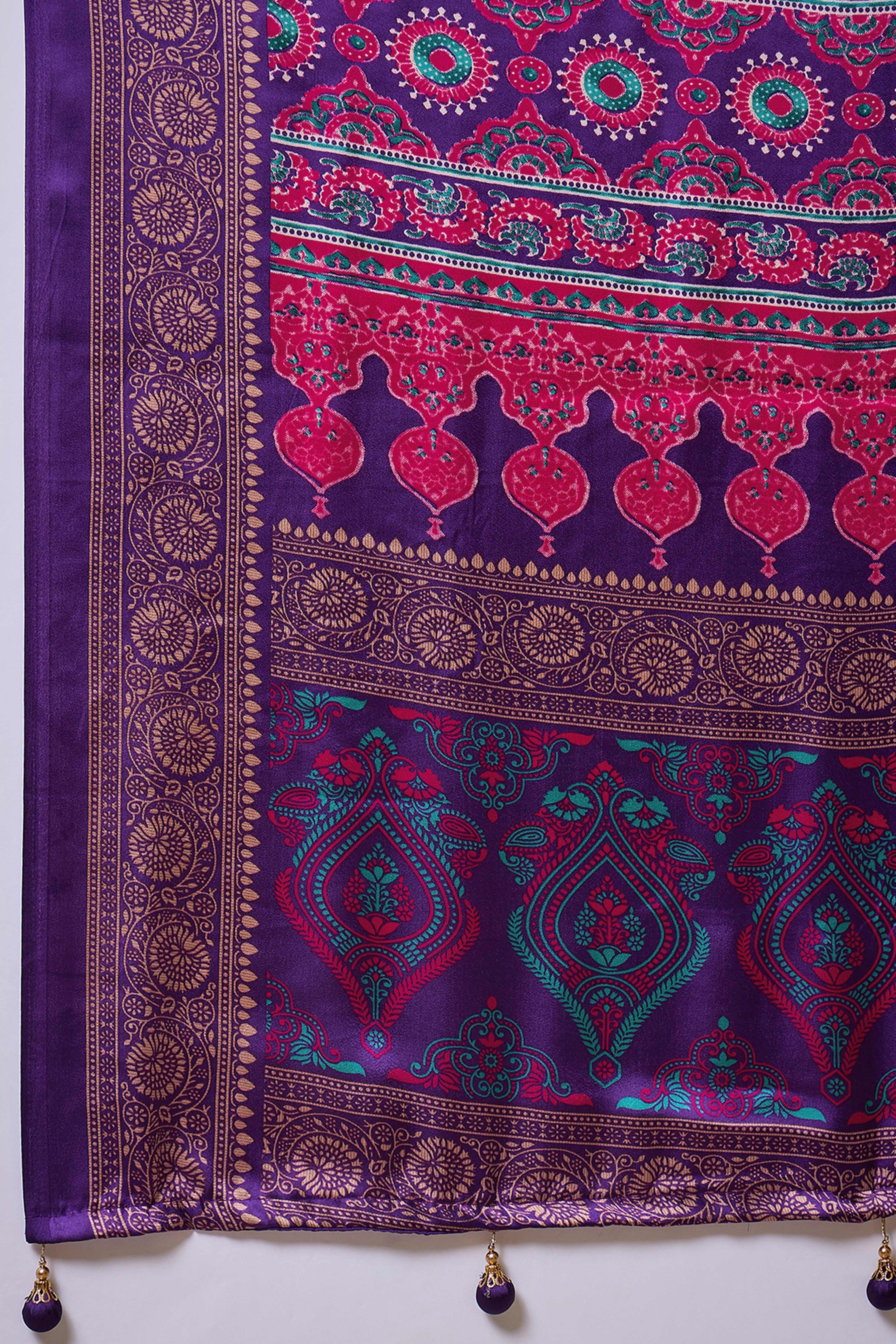Modern Purple Striped Printed Modal Satin Saree with Luxurious Flow and Shine