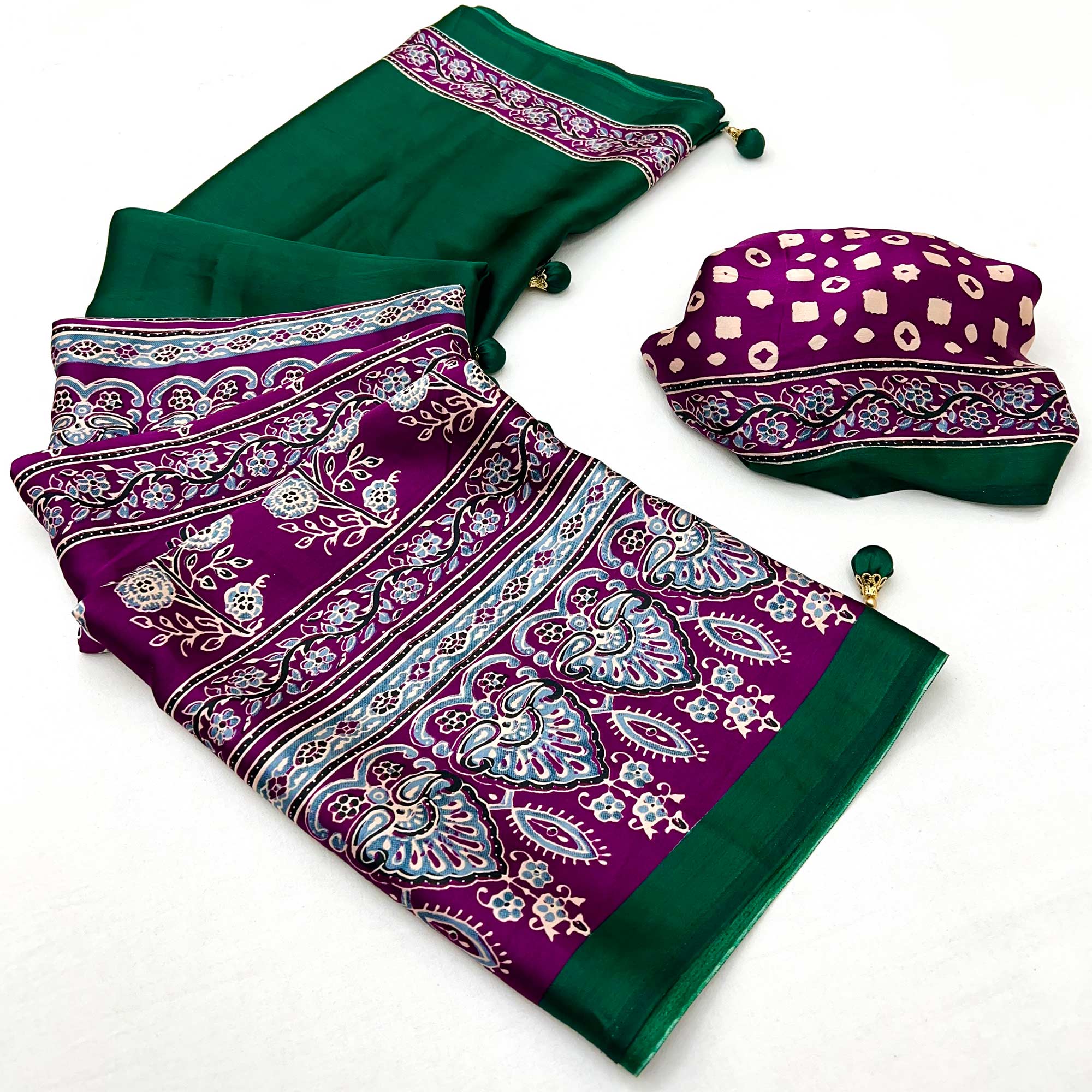 Green & Purple Ajrakh Printed Modal Satin Saree with Elegant Party Wear Appeal