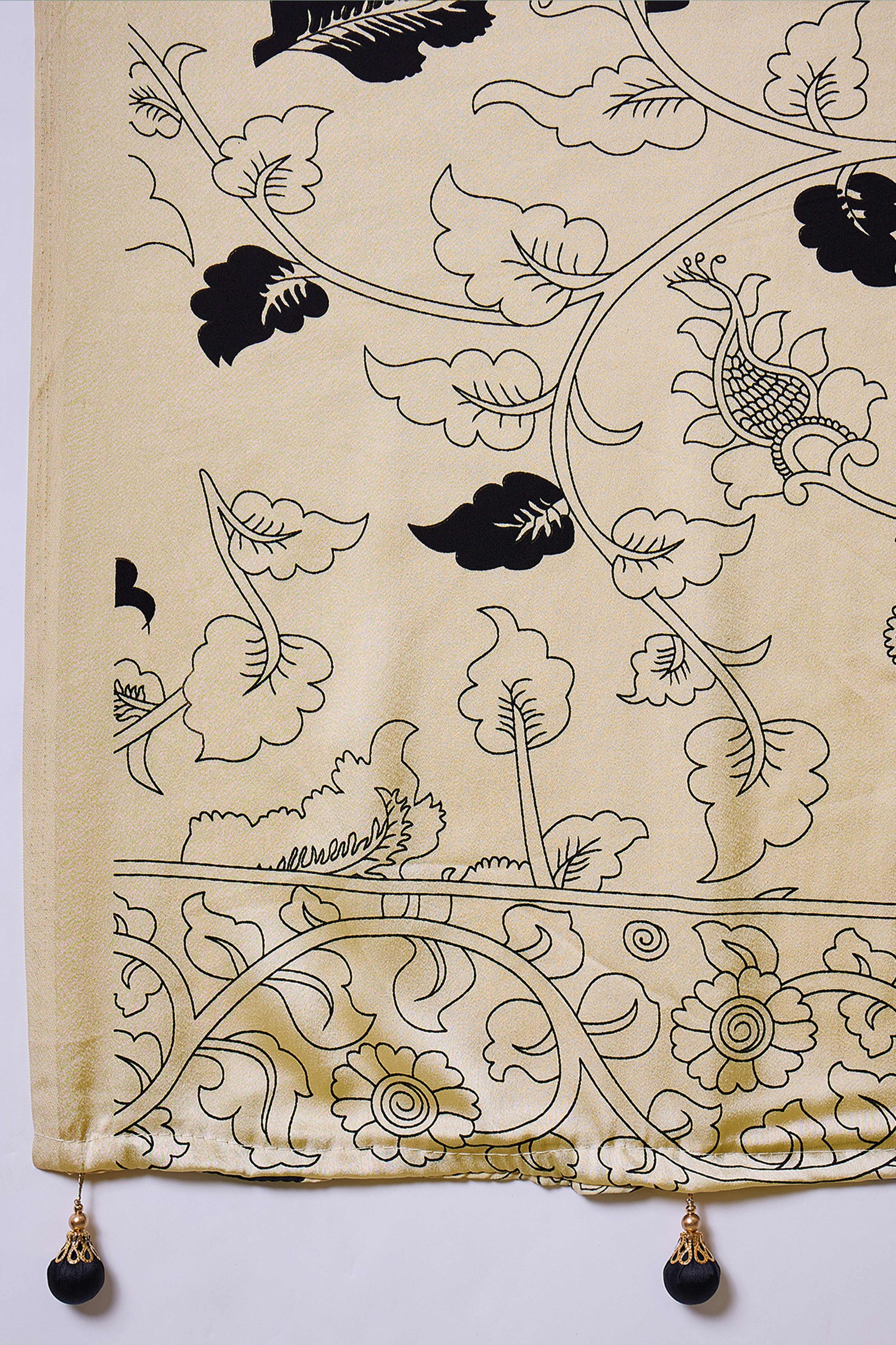 Black & Cream Kalamkari Style Modal Satin Saree Featuring Intricate Artistic Prints