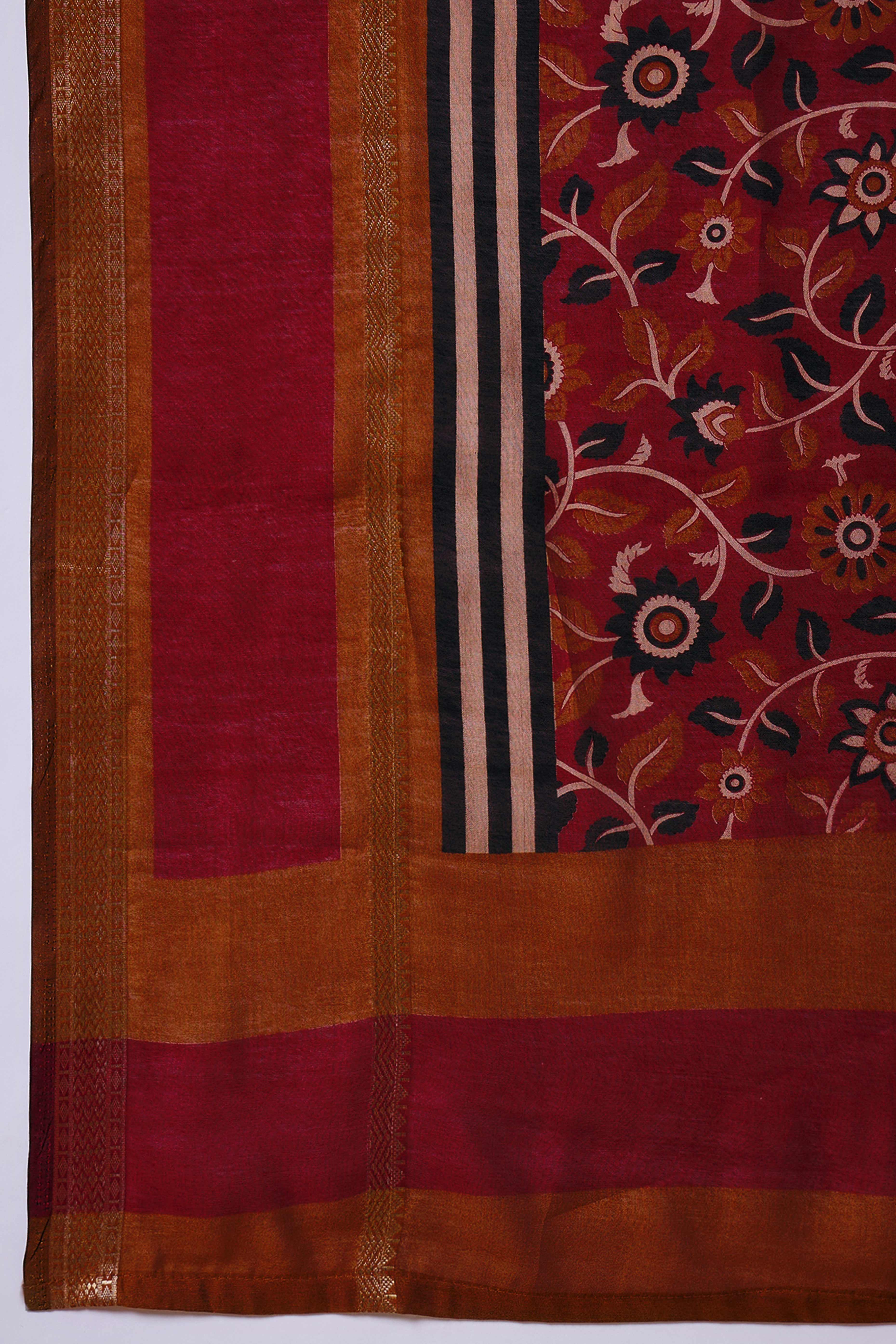 Mustard Striped Printed Viscose Saree with a Subtle Zari Finish