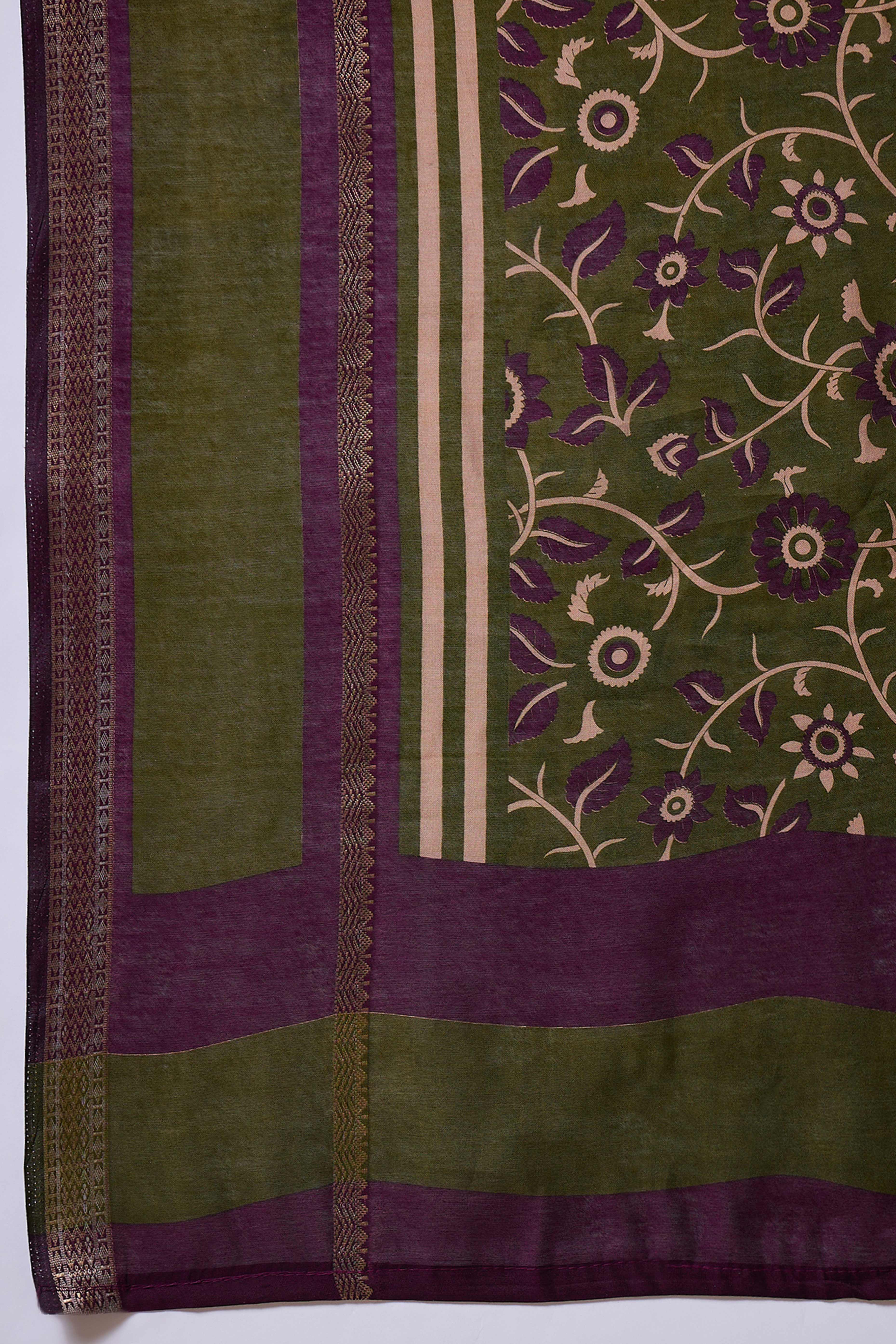 Mehendi Green Striped Printed Viscose Saree with a Subtle Zari Finish