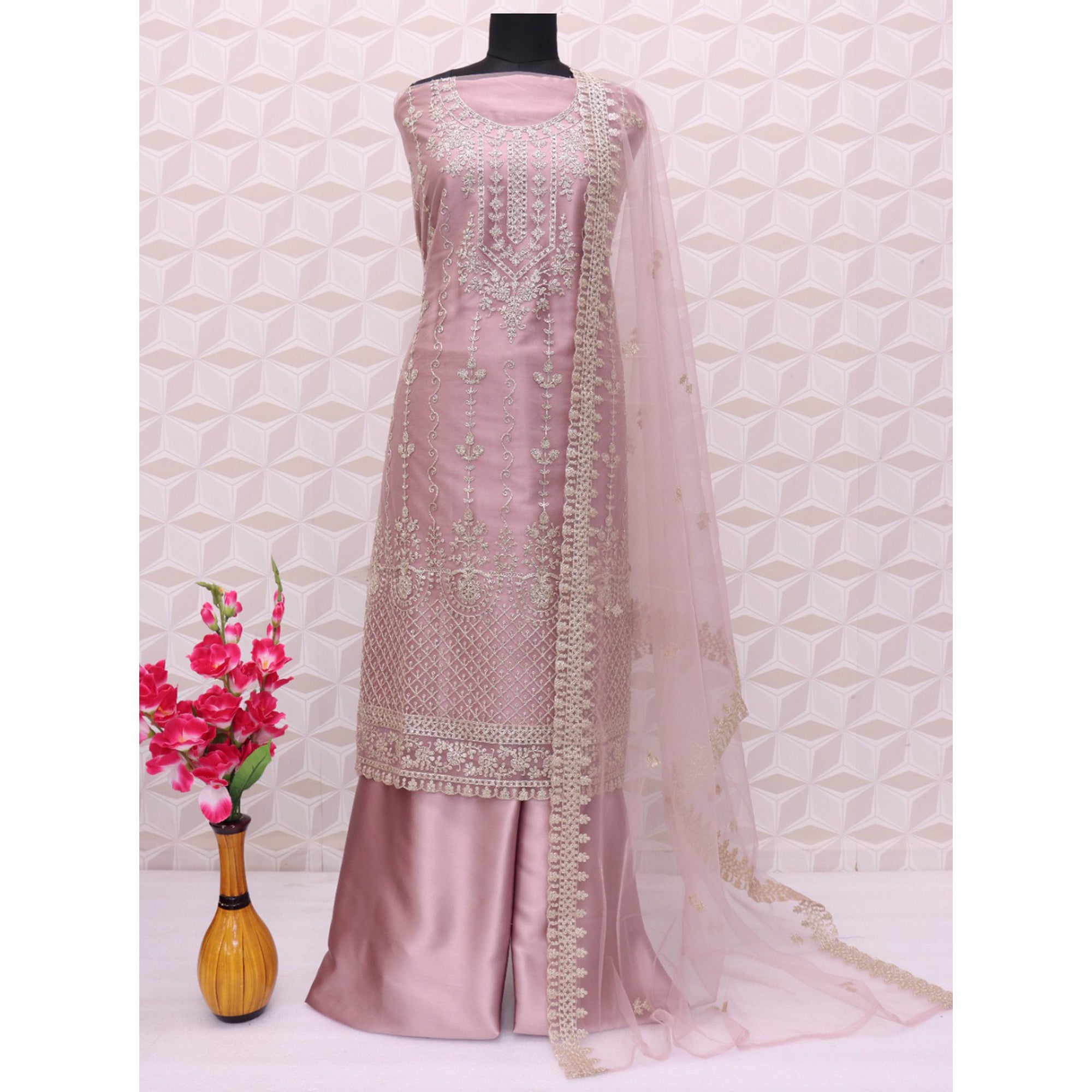 Pastel Pink Sequins Embroidered Net Semi Stitched Pakistani Suit