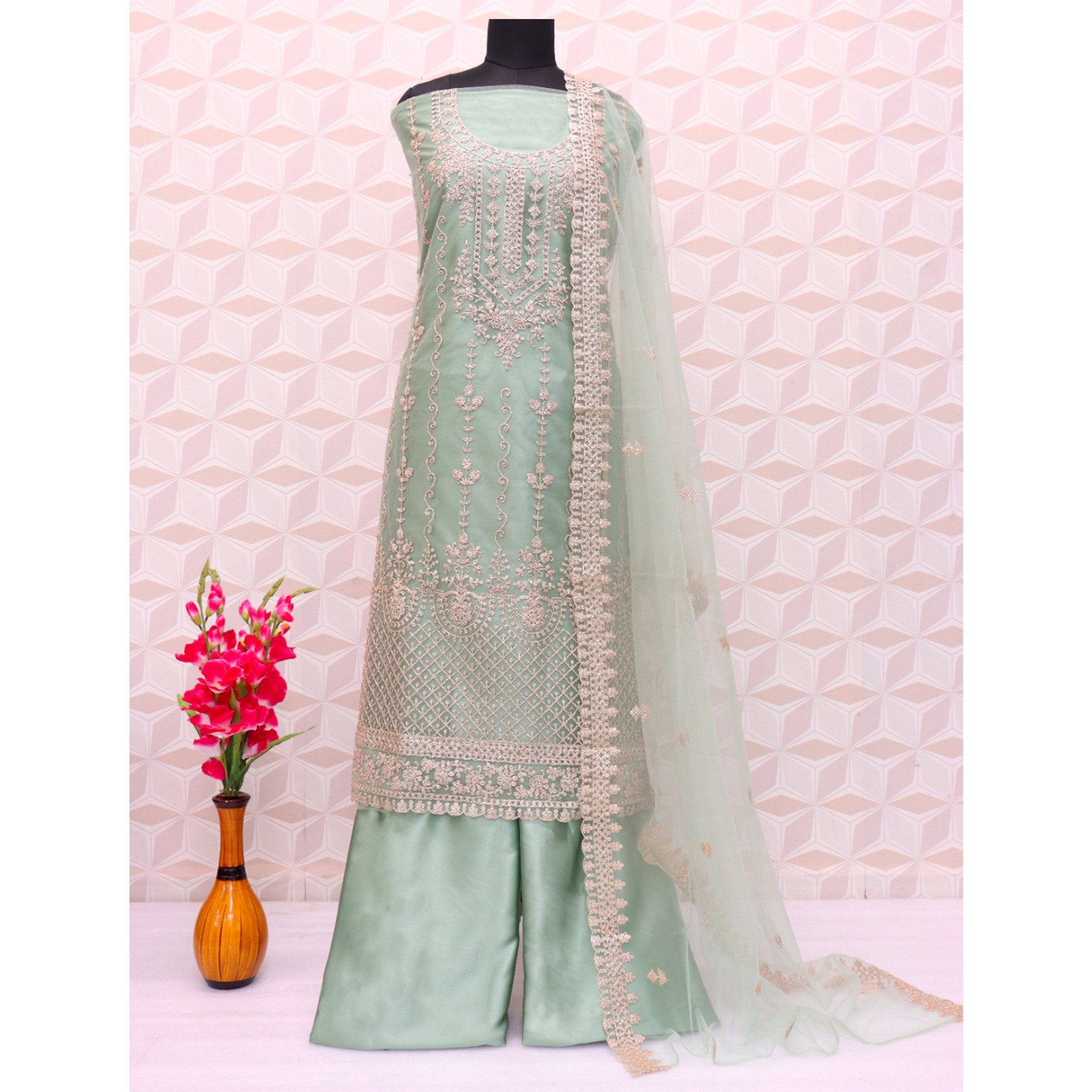 Green Sequins Embroidered Net Semi Stitched Pakistani Suit