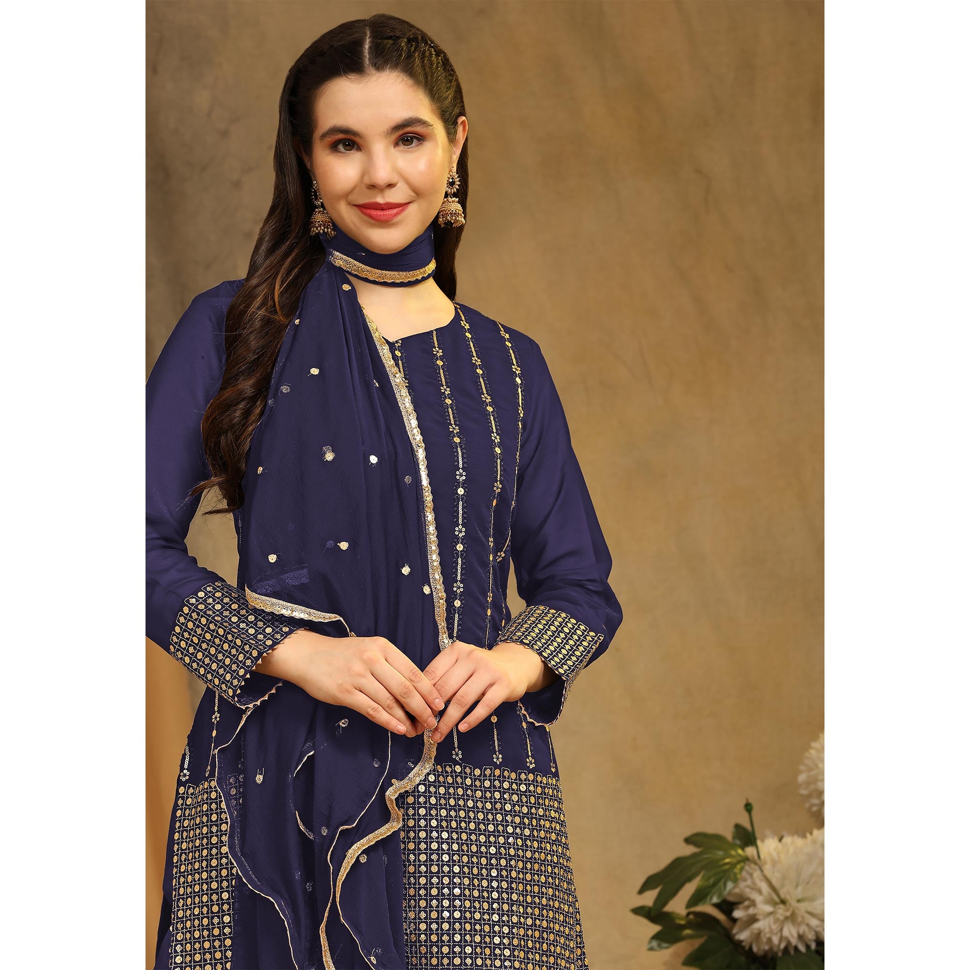 Navy Blue Sequins Embroidered Georgette Semi Stitched Salwar Suit