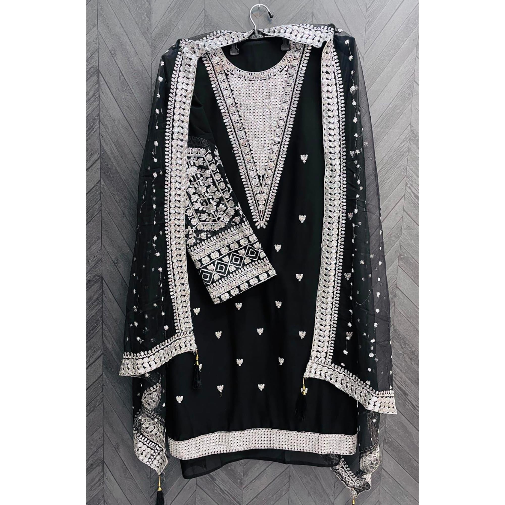 Black Sequins Embroidered Georgette Semi Stitched Salwar Suit