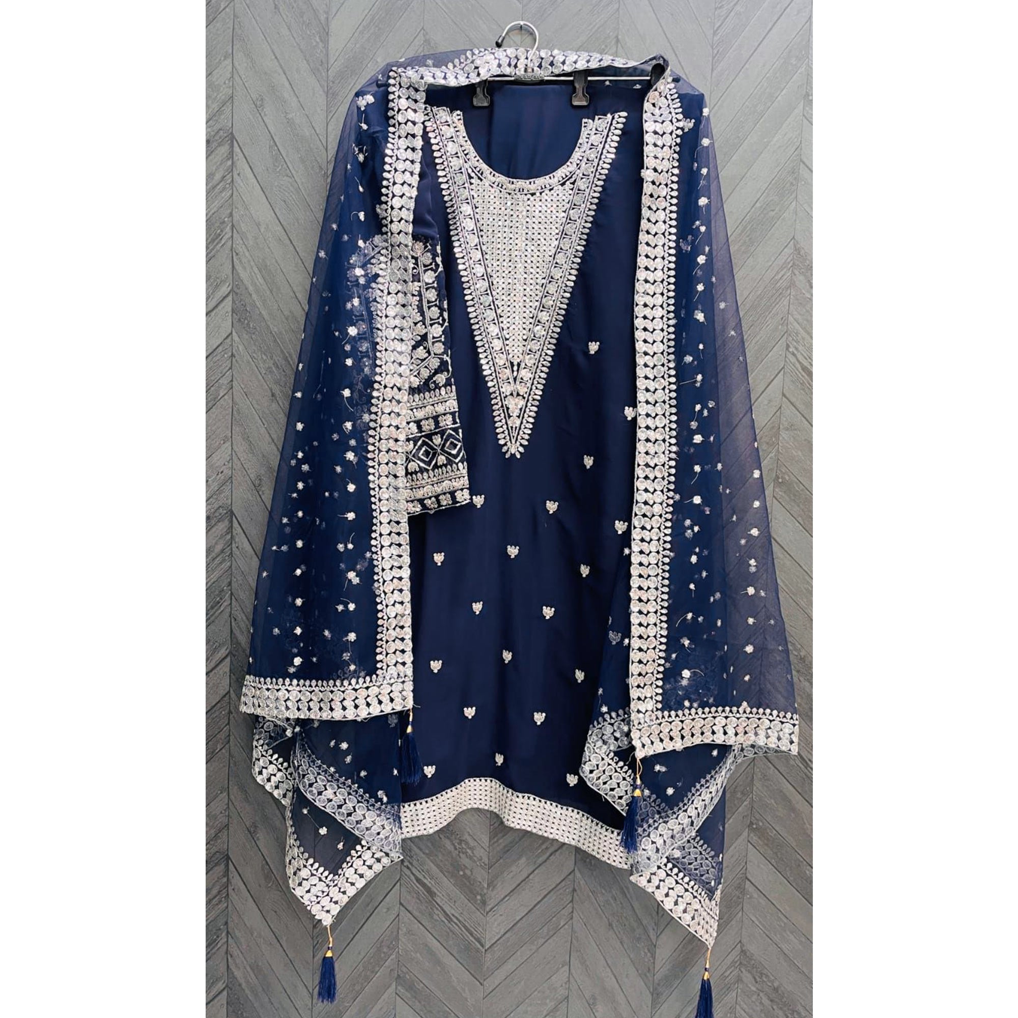 Blue Sequins Embroidered Georgette Semi Stitched Salwar Suit