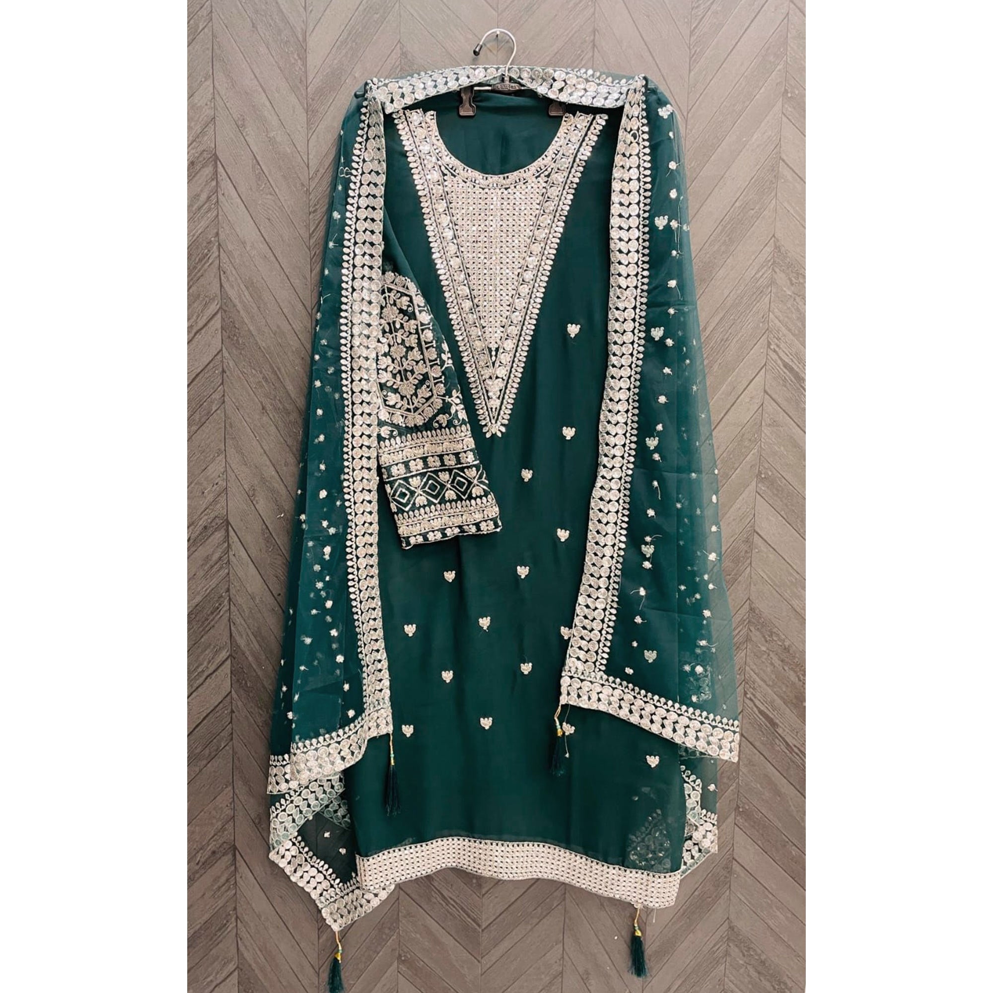 Rama Green Sequins Embroidered Georgette Semi Stitched Salwar Suit