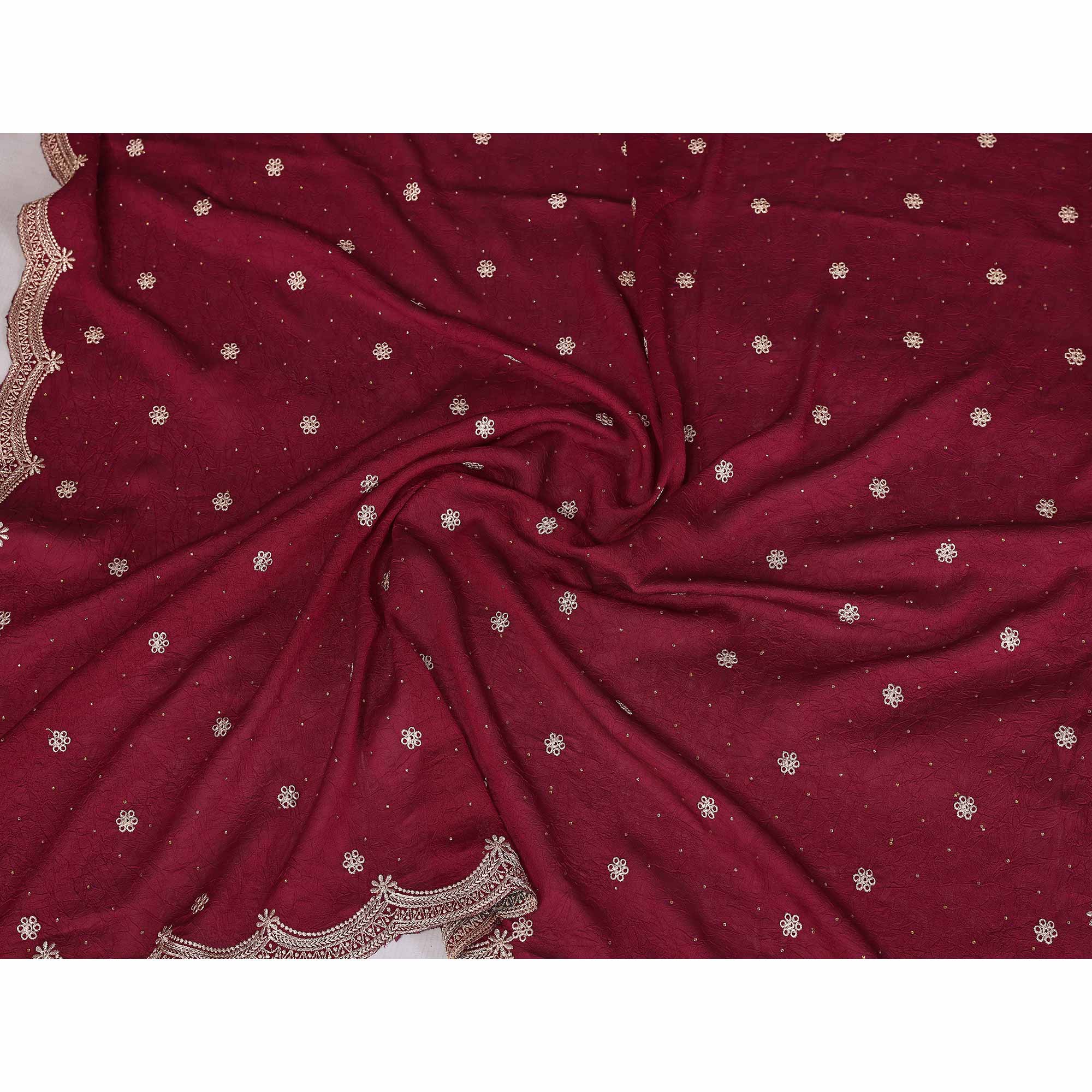 Elegant Wine Silk Blend Saree with Opulent Zari Embroidery and Sparkling Stone Work