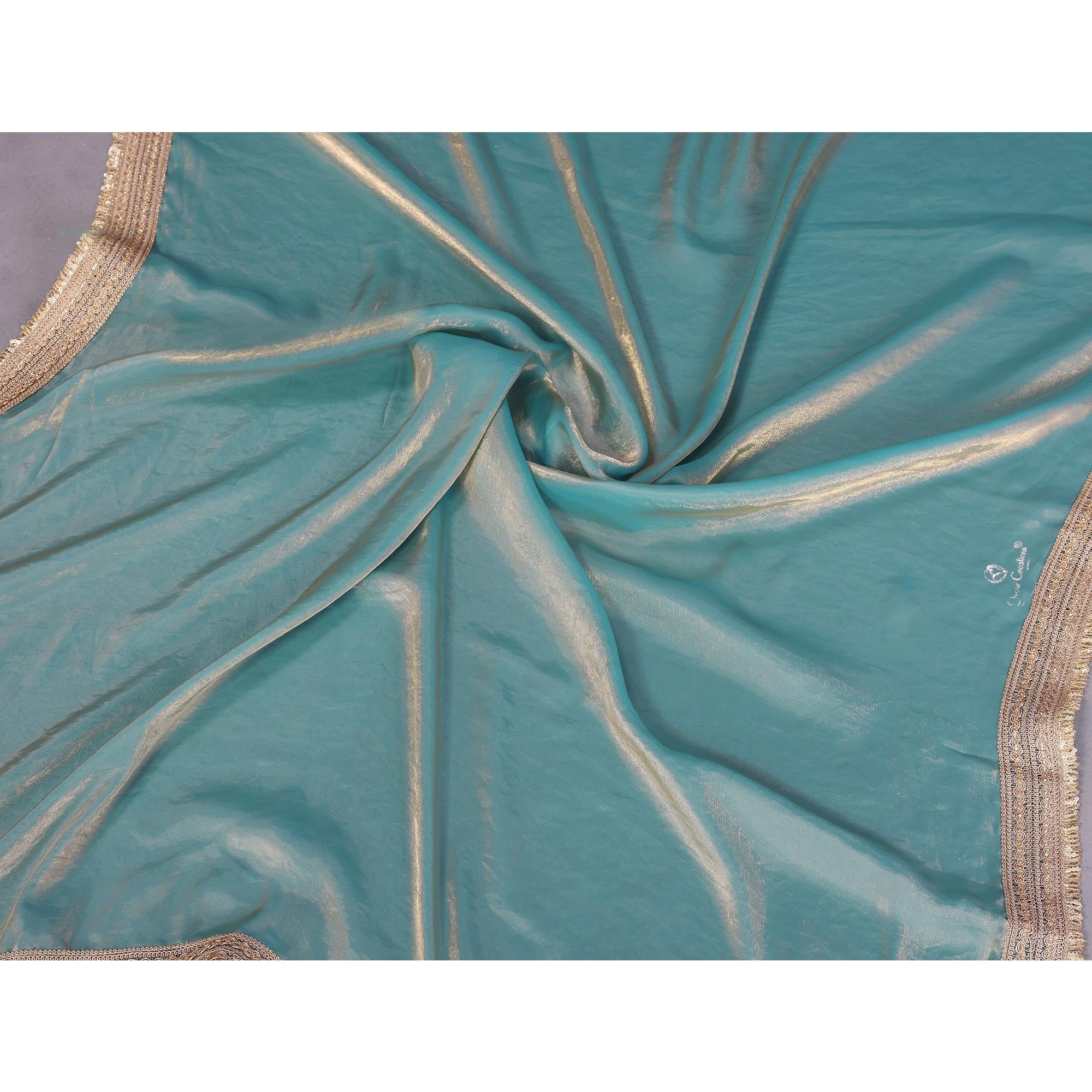 Teal Satin Saree with Solid Body and Decorative Lace Embellished Border – A Modern Ethnic Staple
