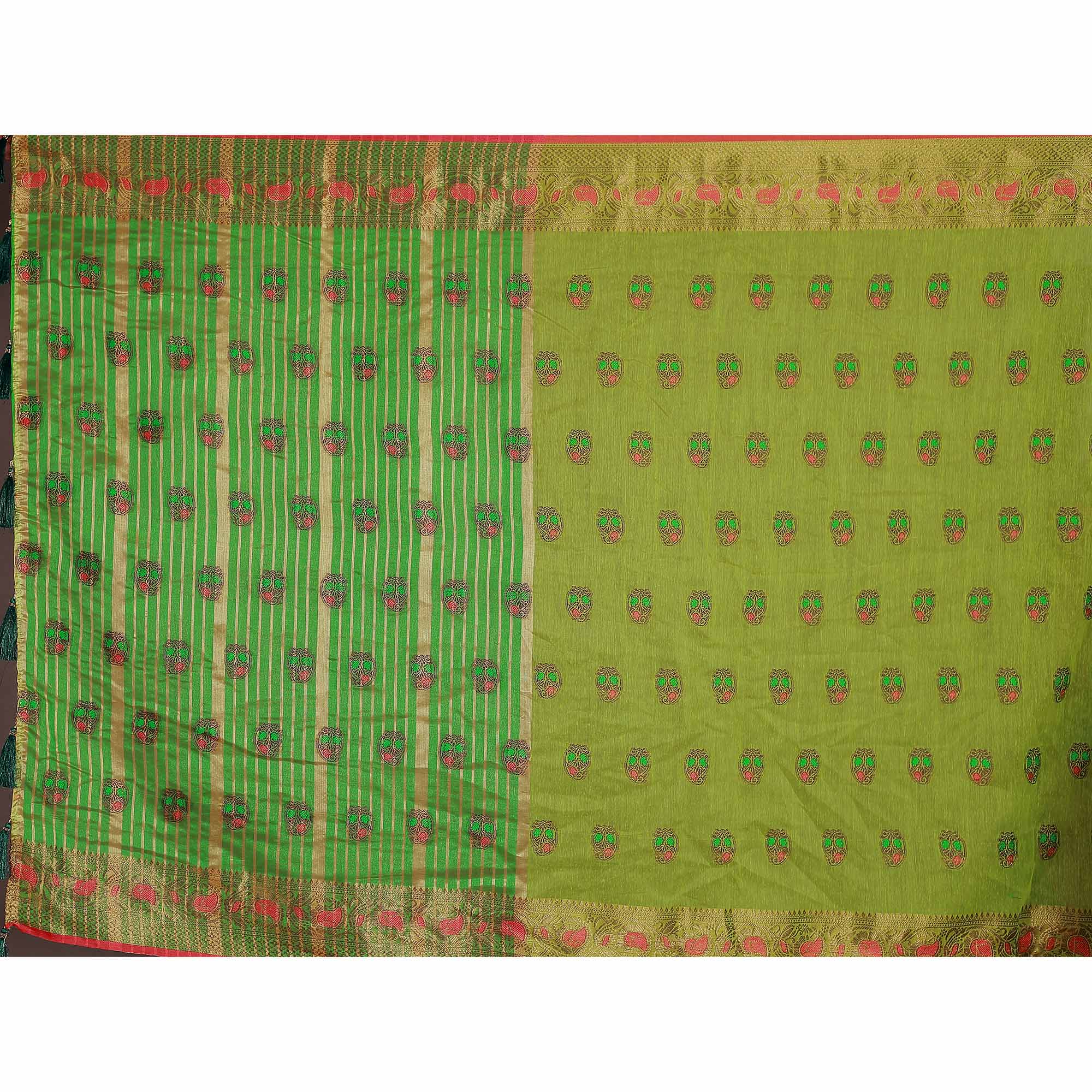 Green Floral Woven Cotton Silk Saree With Tassels