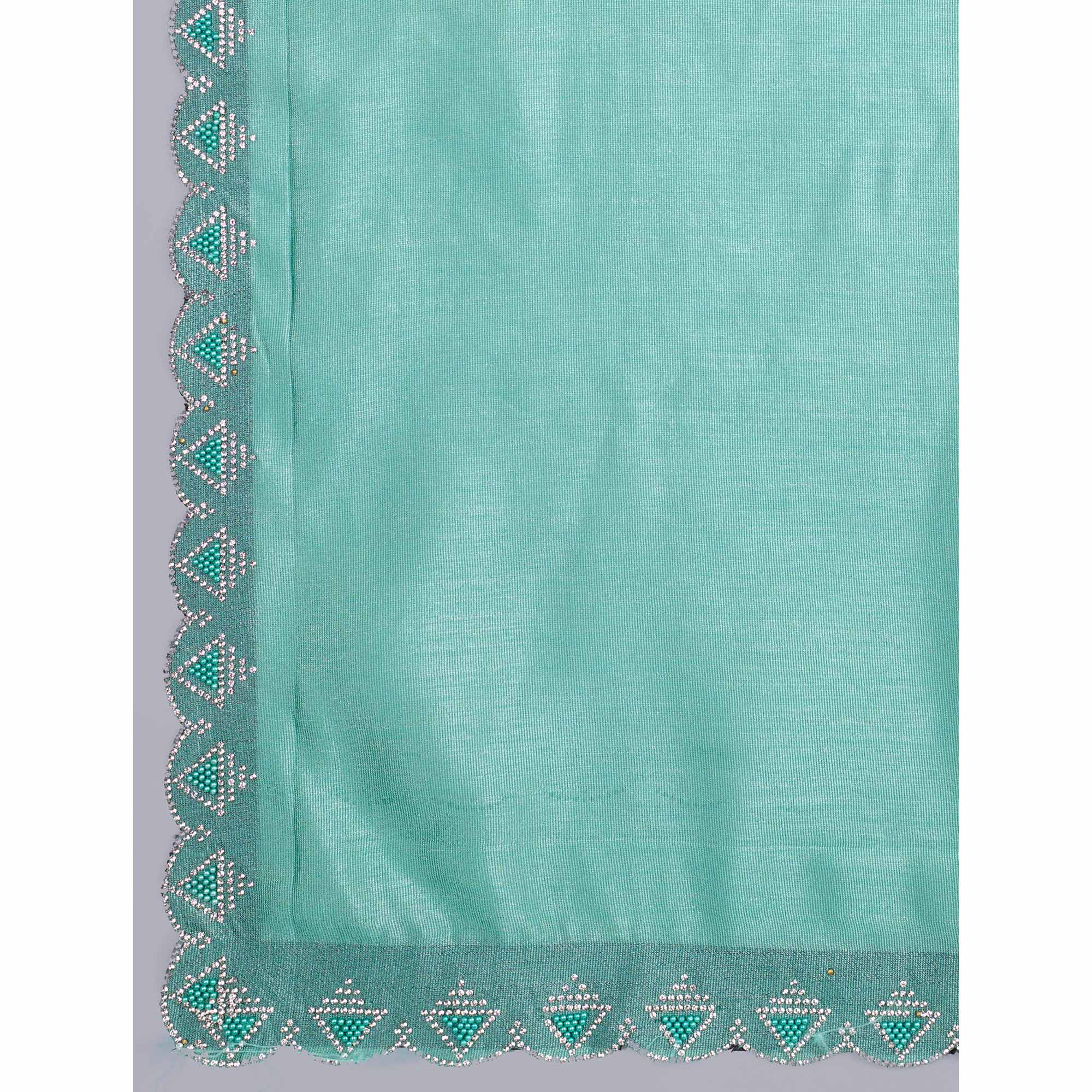 Turquoise Solid With Zarkan & Pearl Diamond Lace Khadi Shimmer Saree