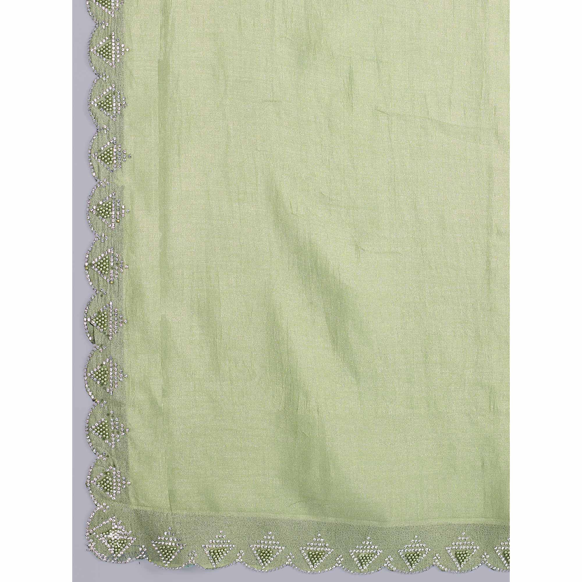 Green Solid With Zarkan & Pearl Diamond Lace Khadi Shimmer Saree