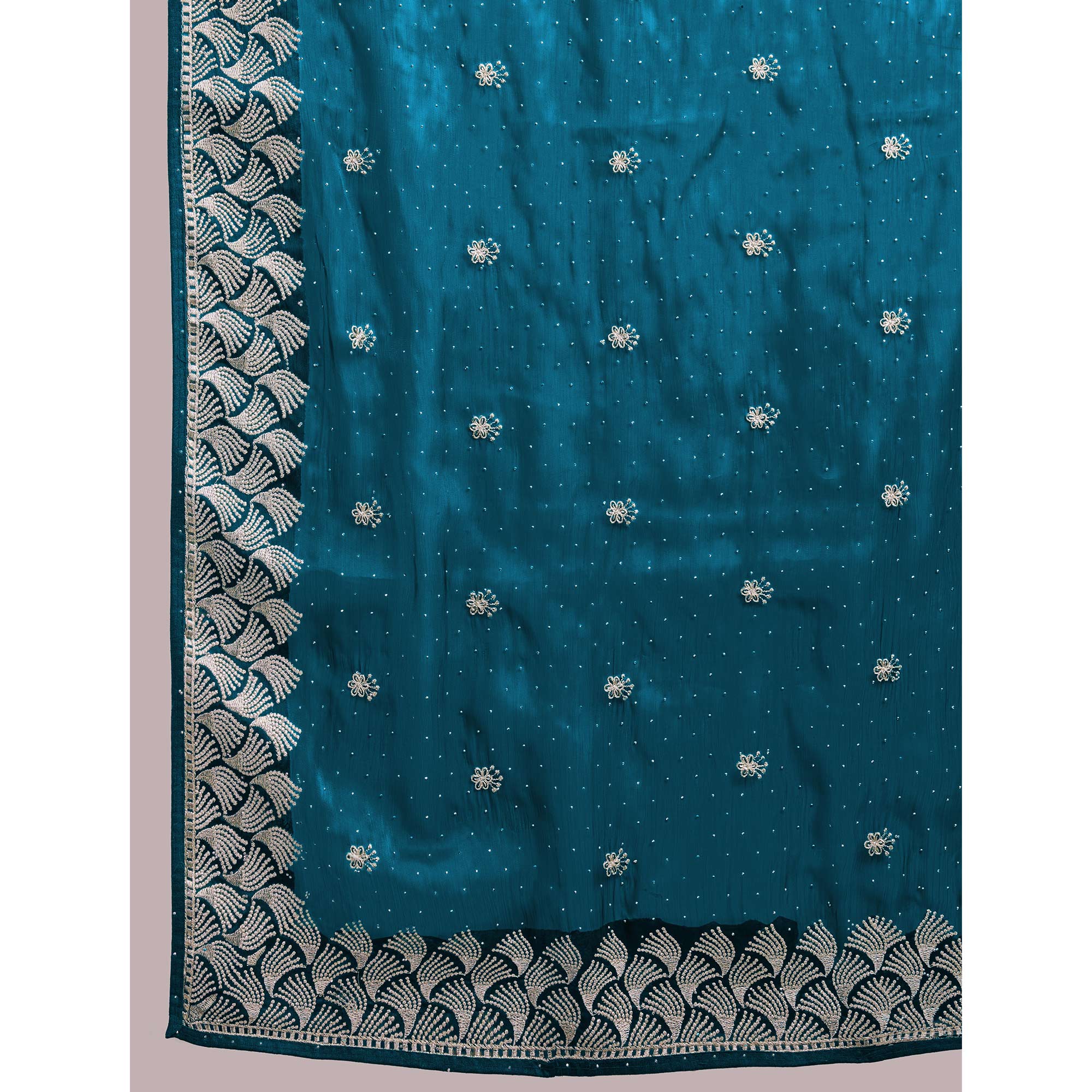 Teal Embroidered Tussar Silk Saree