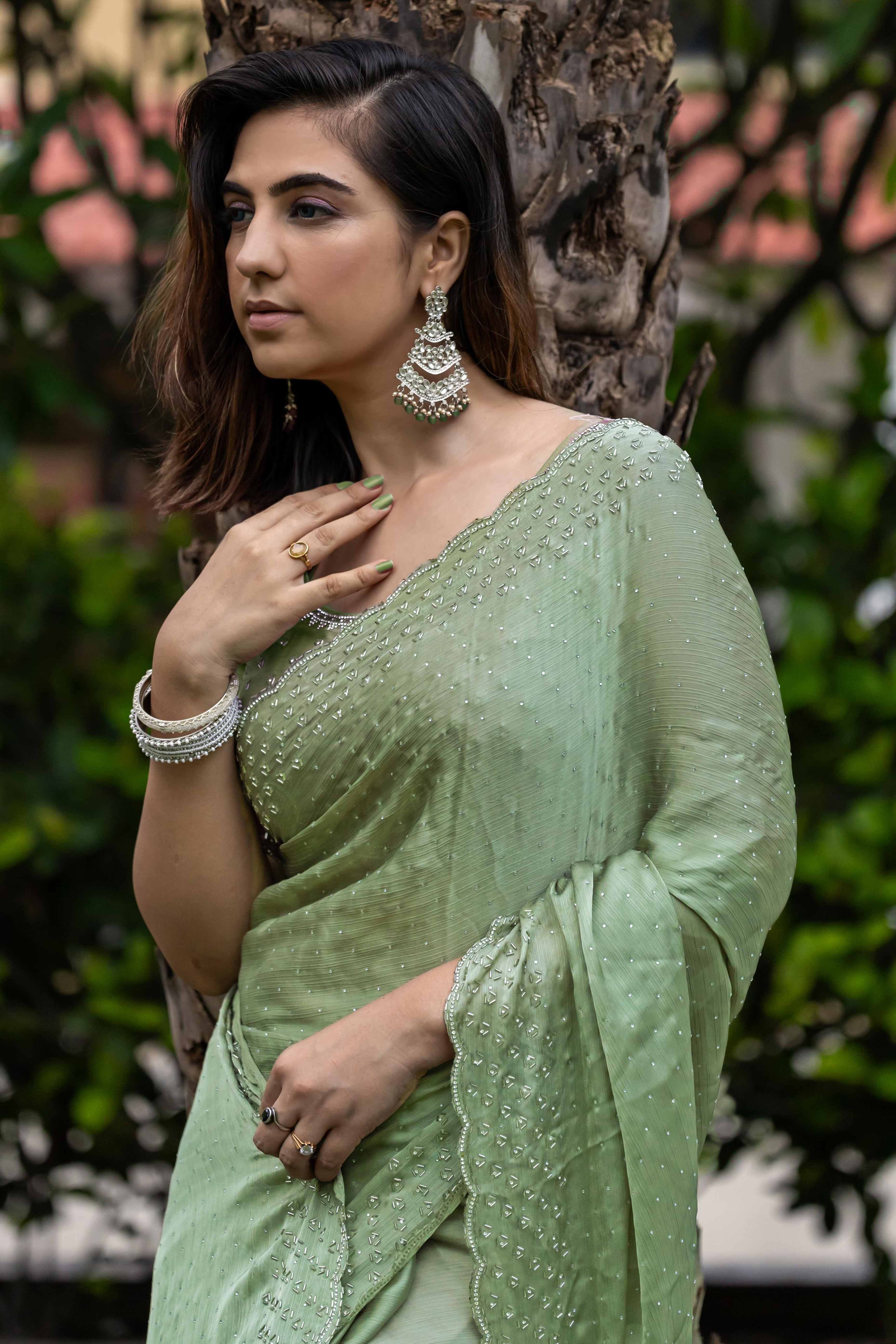 Ethereal Sage Green Satin Chiffon Saree with Handcrafted Sequin & Bead Detailing