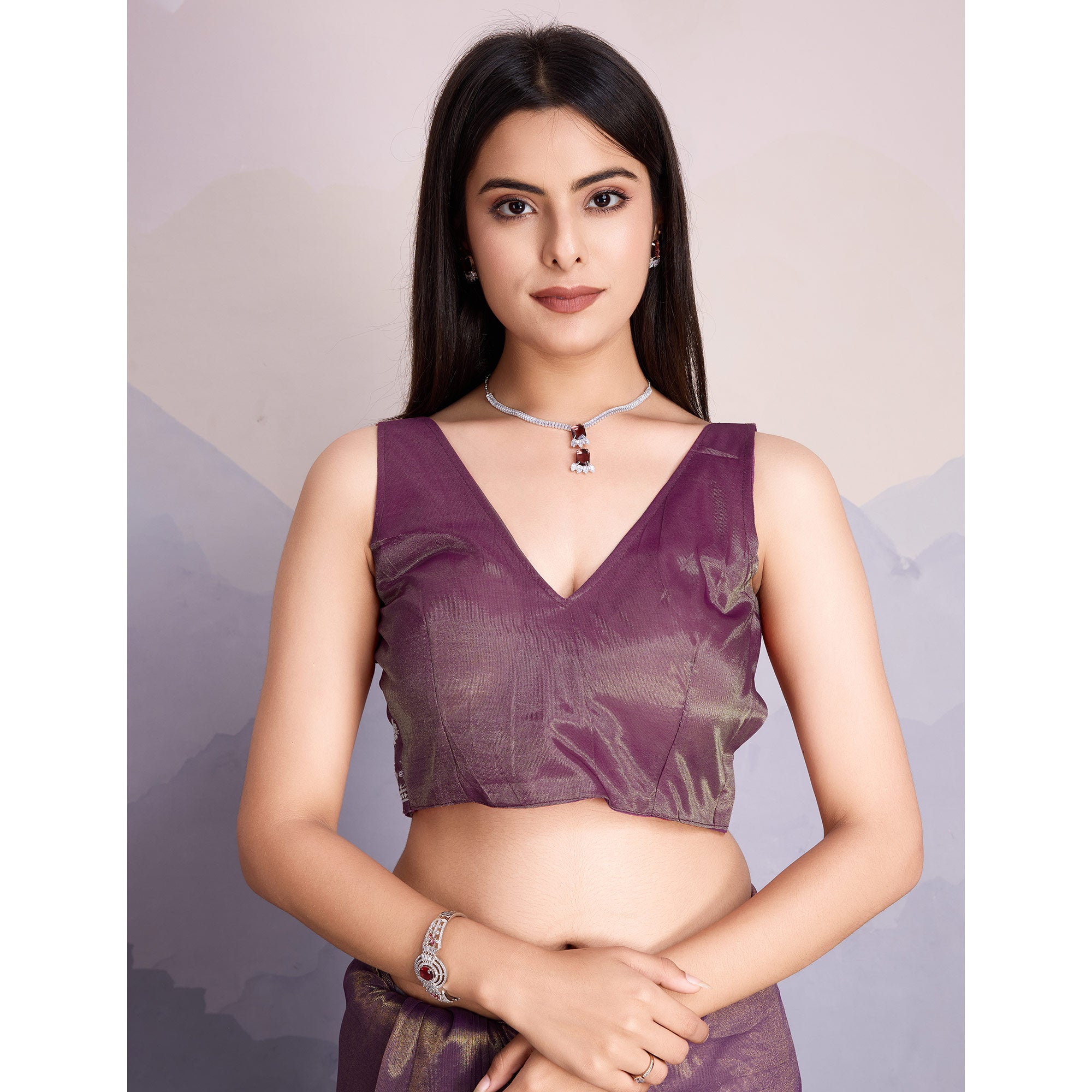 Purple Swarovski Work Embroidered Net Saree