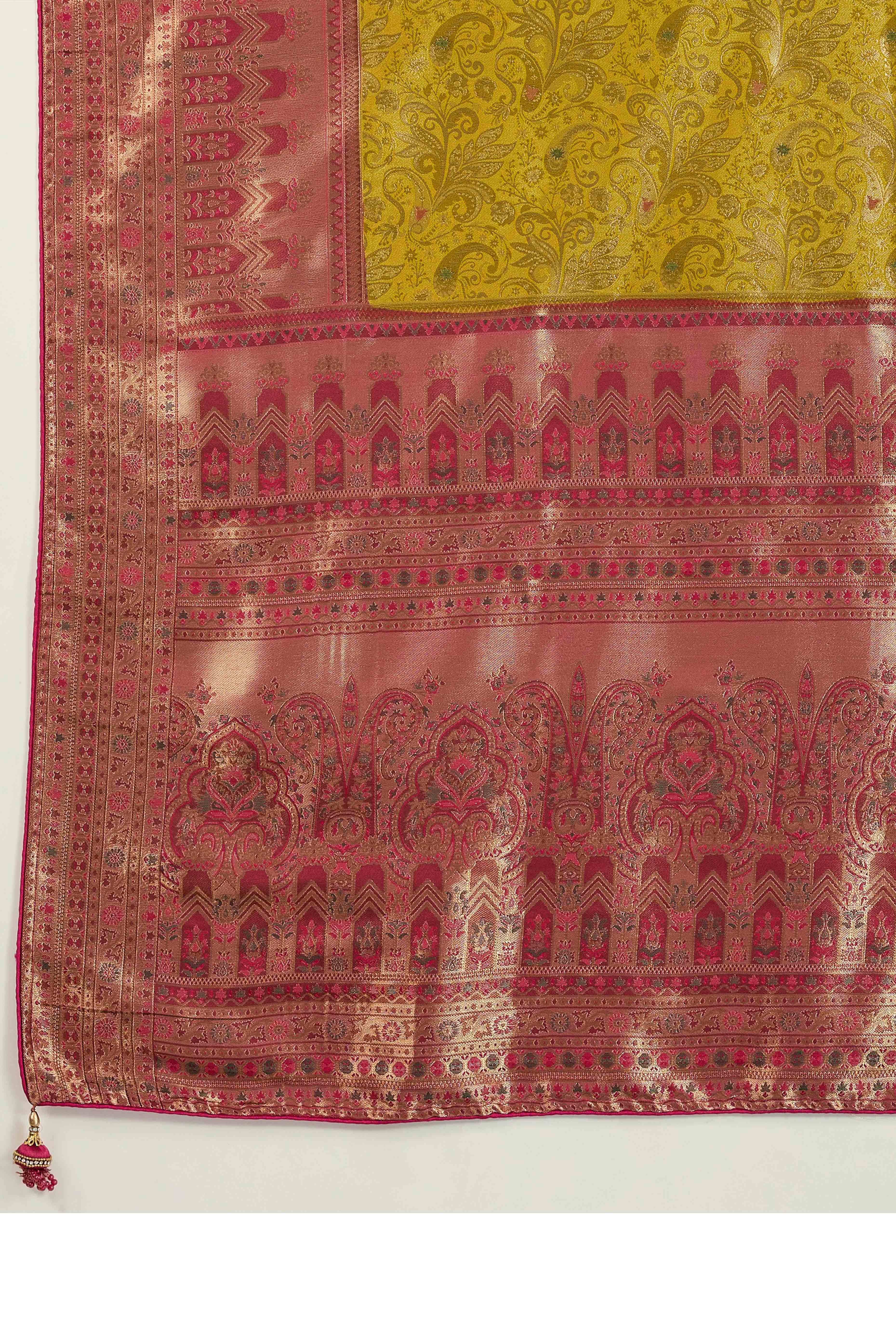 Mustard Floral Meenakari Weaving Kanjivaram Silk Saree With Rich Piping & Tassel Pallu