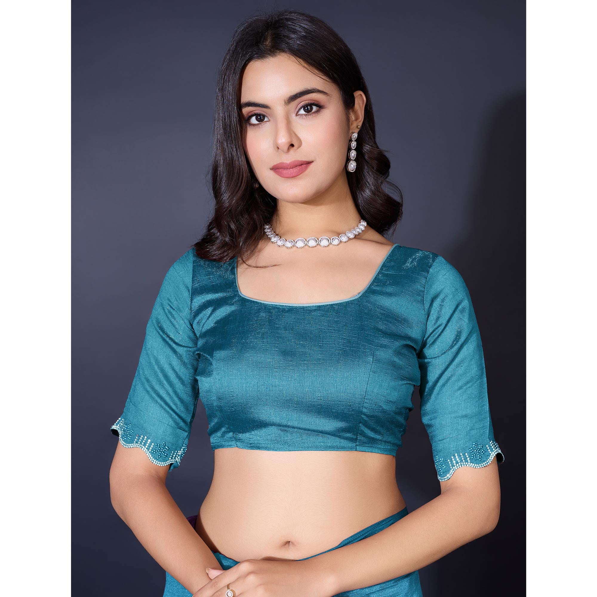 Teal Pearl Work Embroidered Khaadi Saree