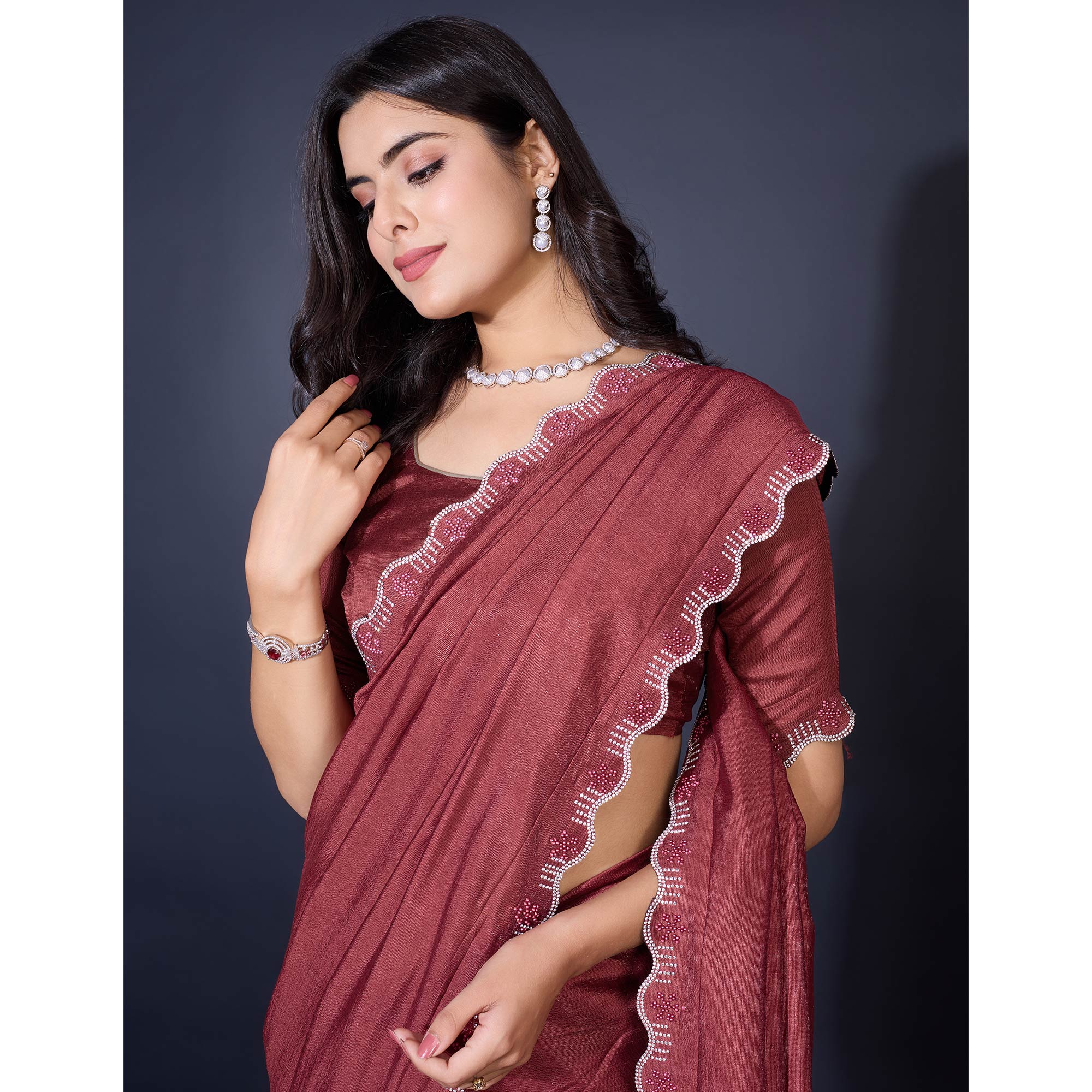 Brown Pearl Work Embroidered Khaadi Saree