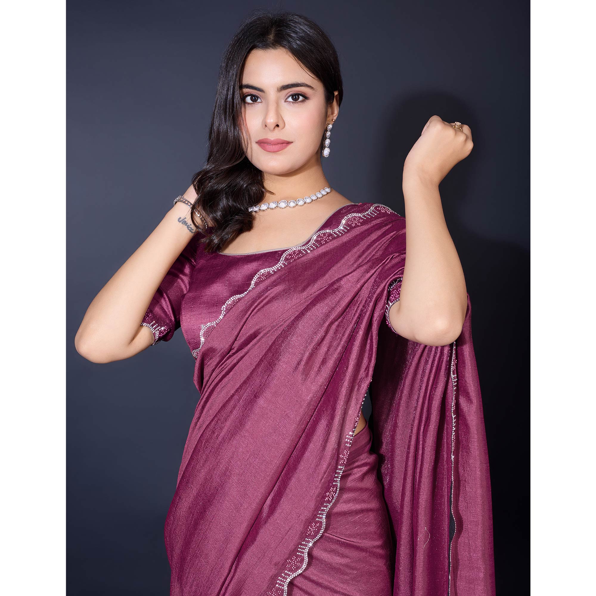 Mauve Pearl Work Embroidered Khaadi Saree