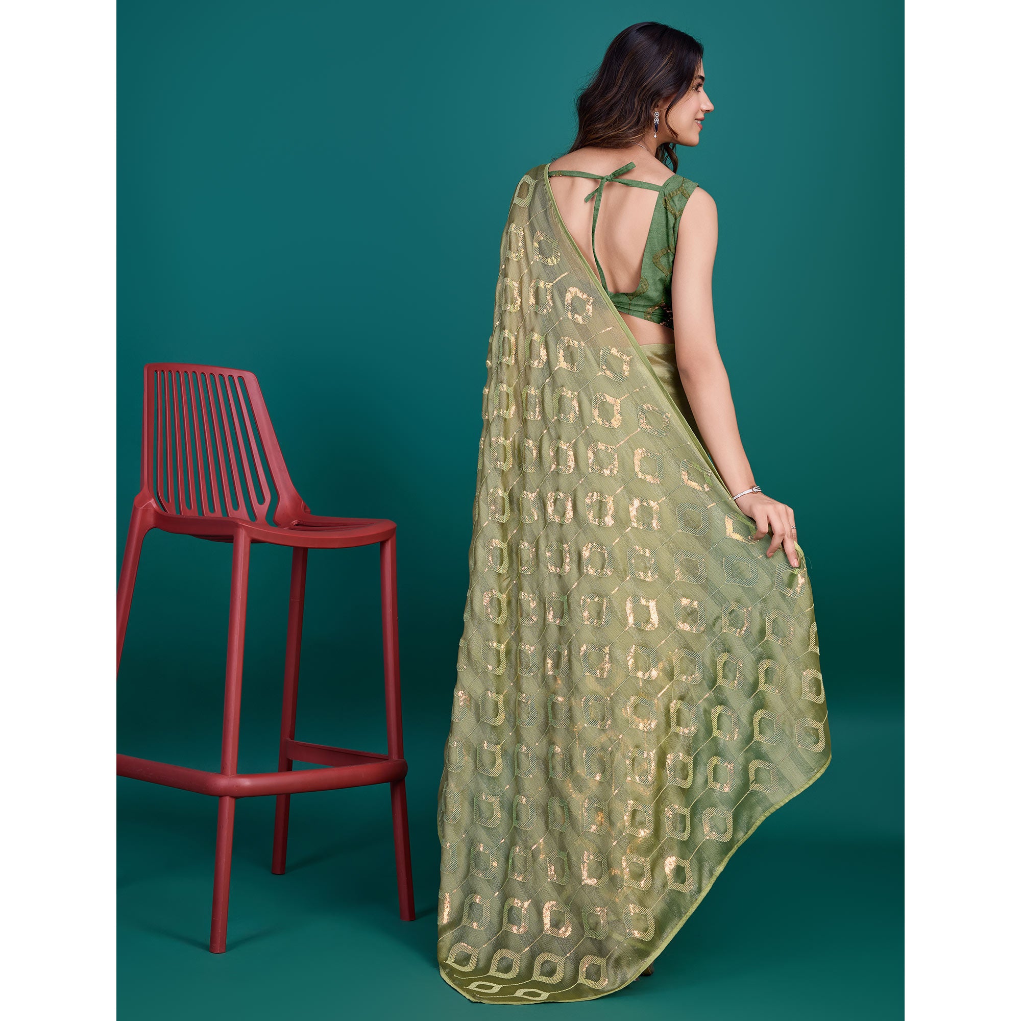 Green Sequins Embroidered Georgette Saree