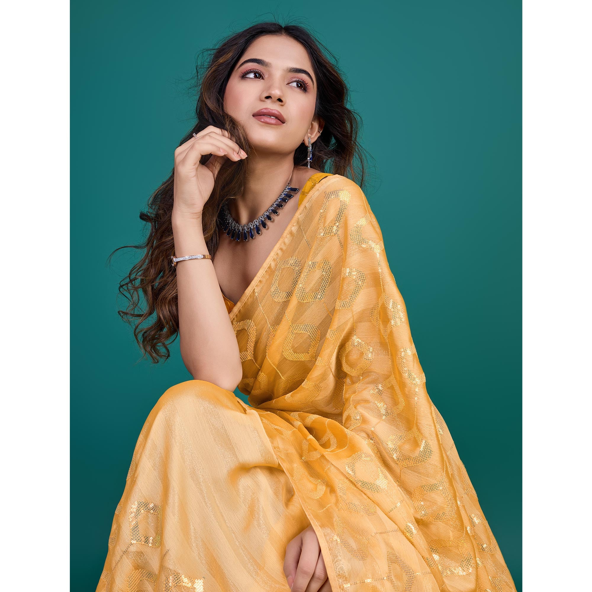 Yellow Sequin Embroidered Georgette Saree