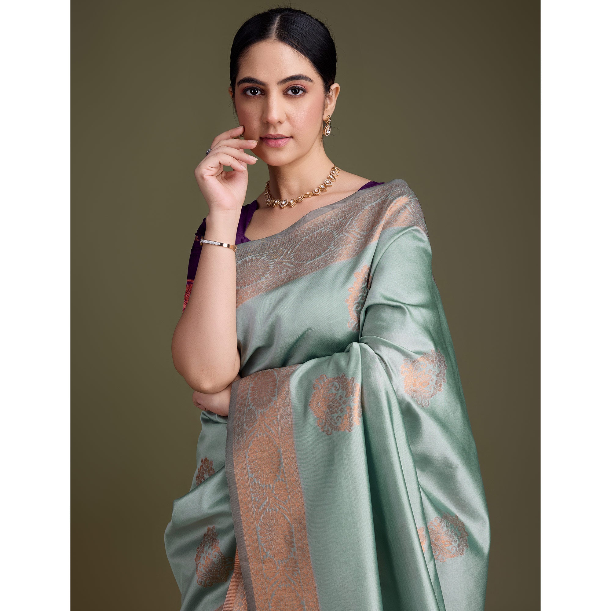 Sea Green Floral Woven Banarasi Silk Saree