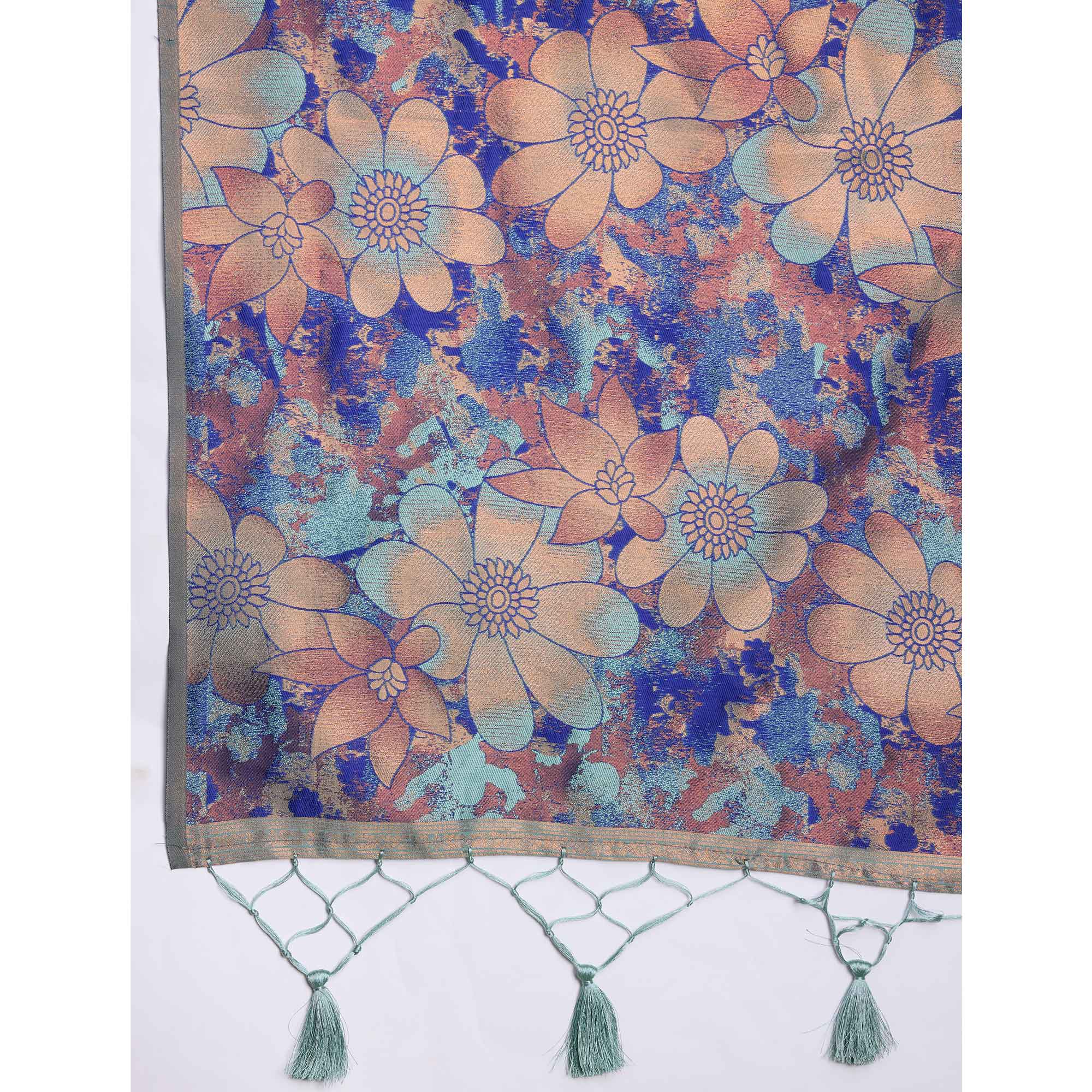 Turquoise Floral Woven Banarasi Silk Saree