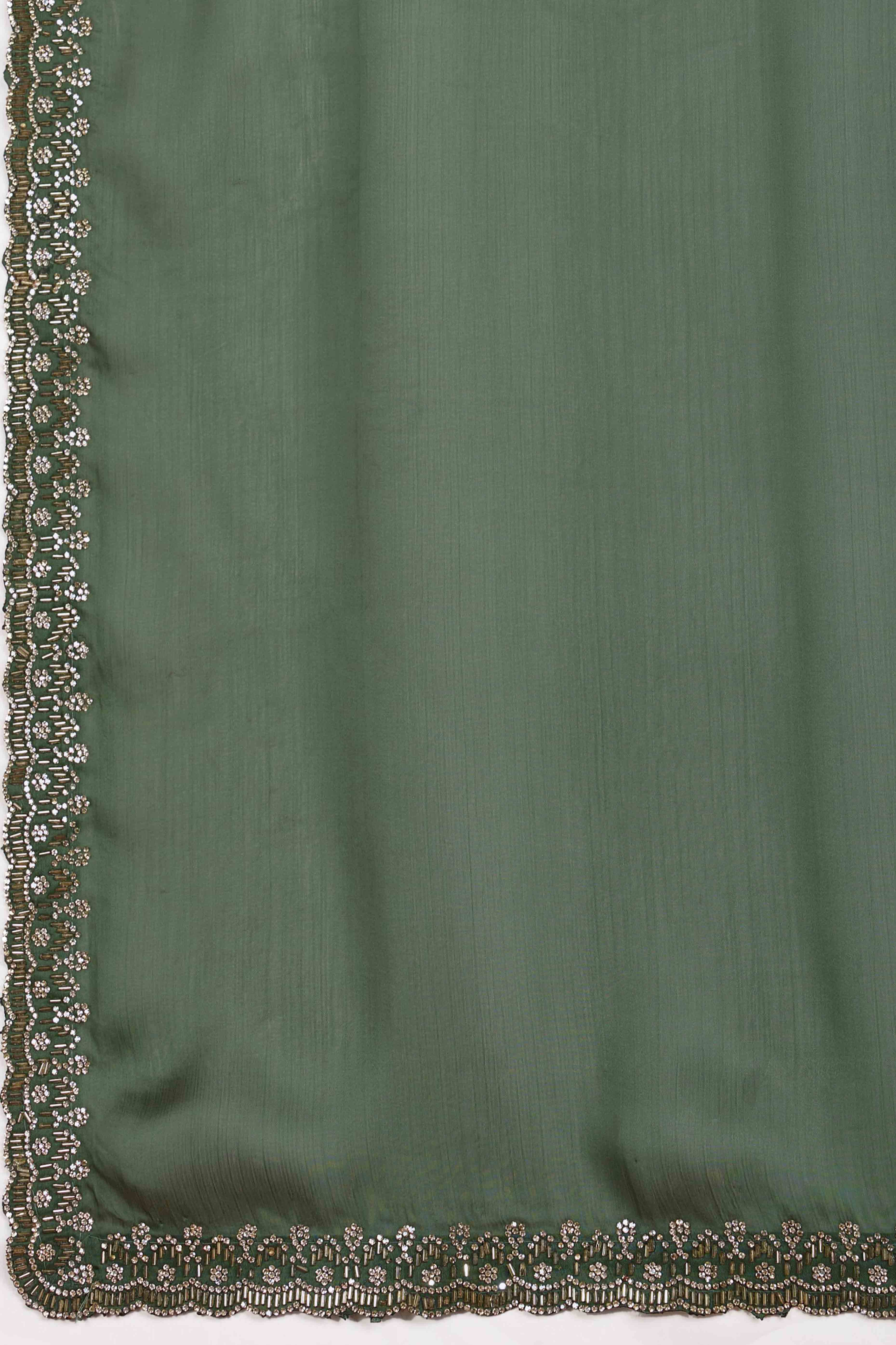 Green Solid Satin Chiffon Saree With Cutdana & Zarkan Handwork
