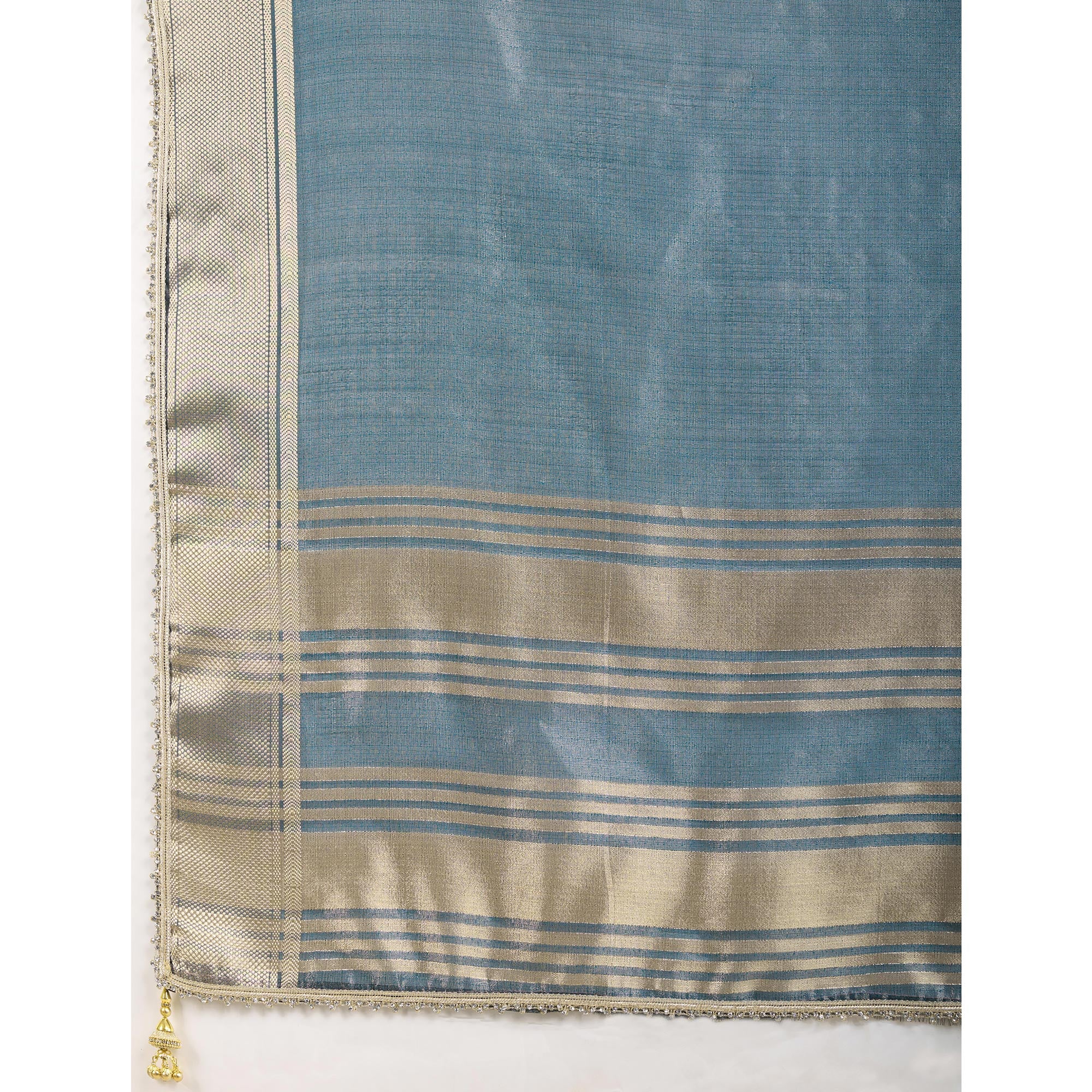 Blue Solid Linen Tissue Saree With Weaving & Zarkan Lace Border