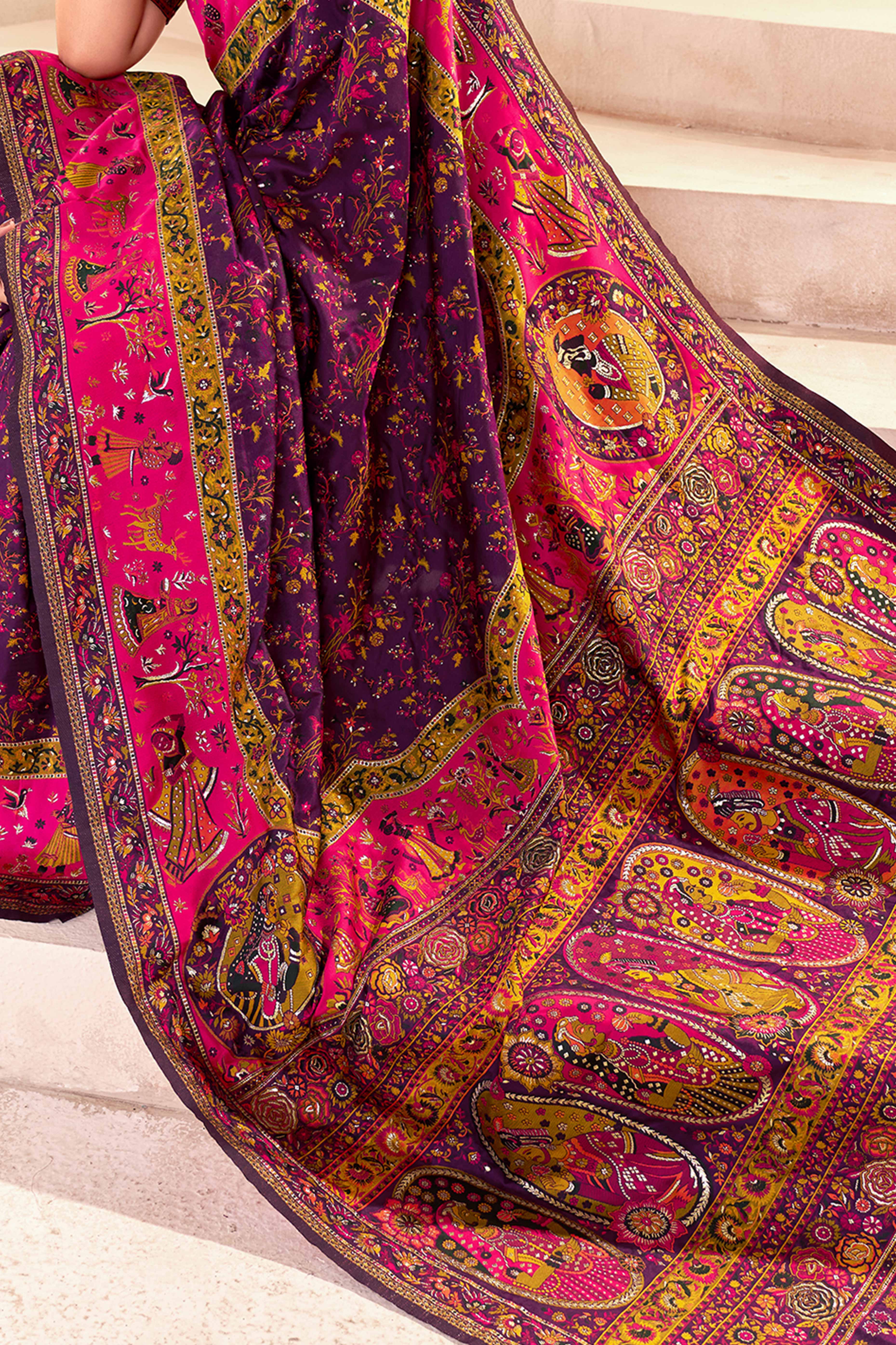 Traditional Wine Rajwadi Weaving Pashmina Silk Saree With Kashmiri Pallu & Elegant Zari Border