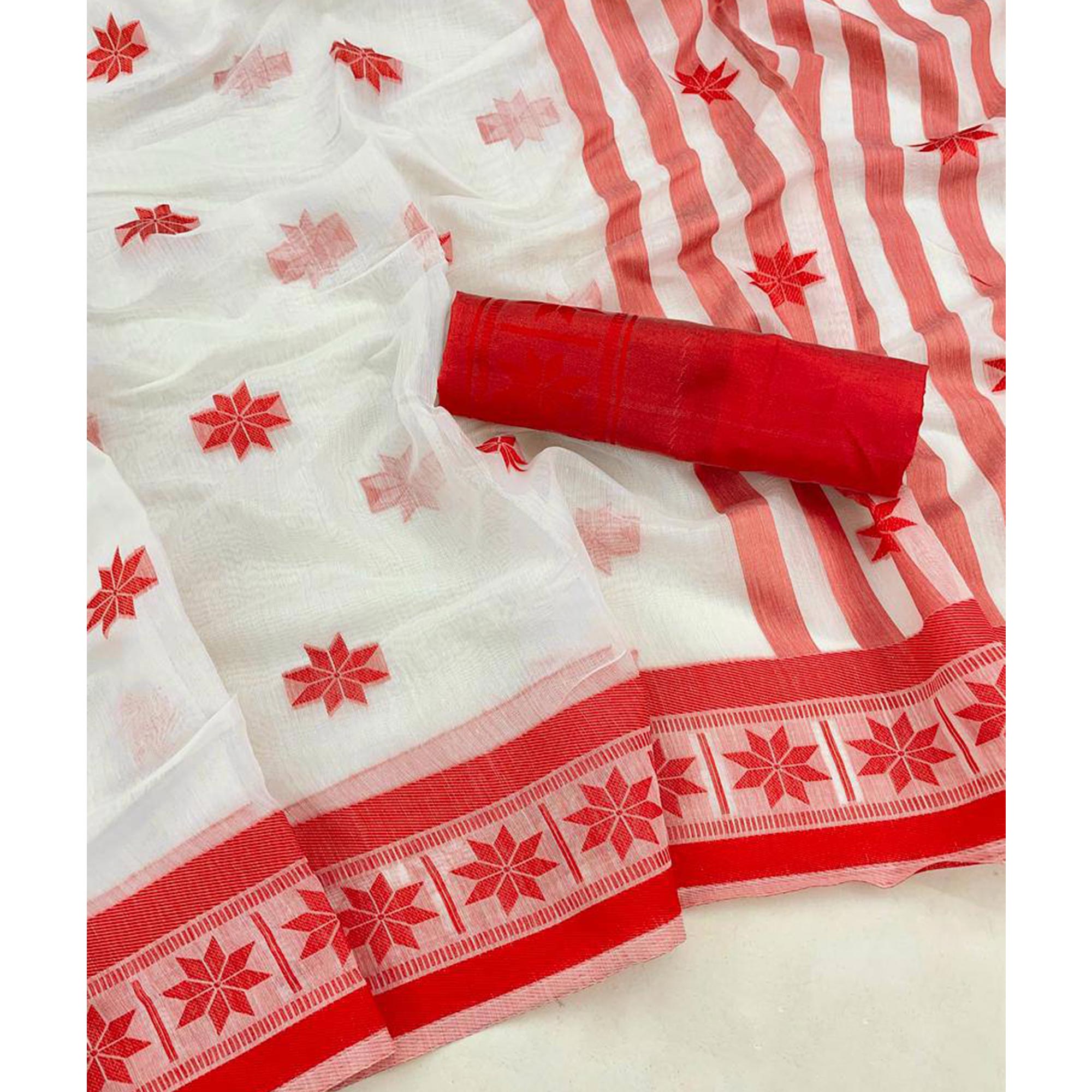 White Traditional Weaving Linen Saree Ideal for Durga Pooja and Spiritual Occasions