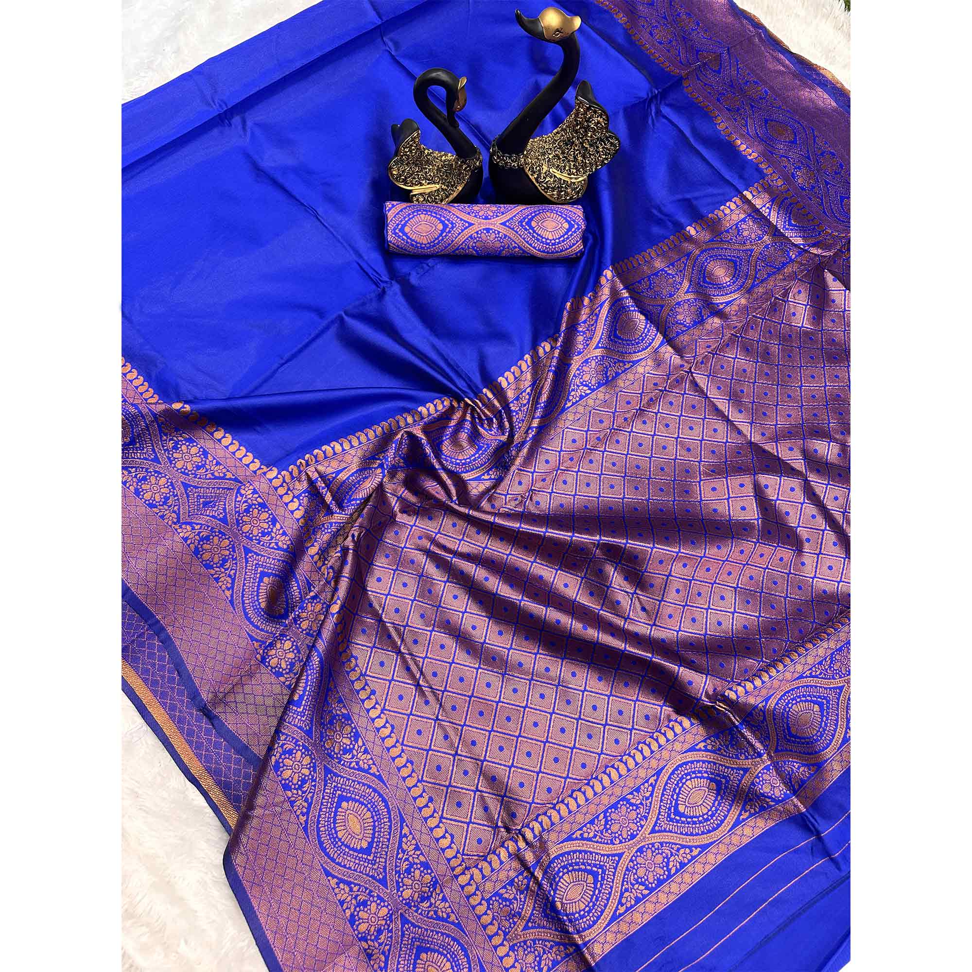Majestic Royal Blue Floral Zari Woven Lichi Banarasi Silk Saree