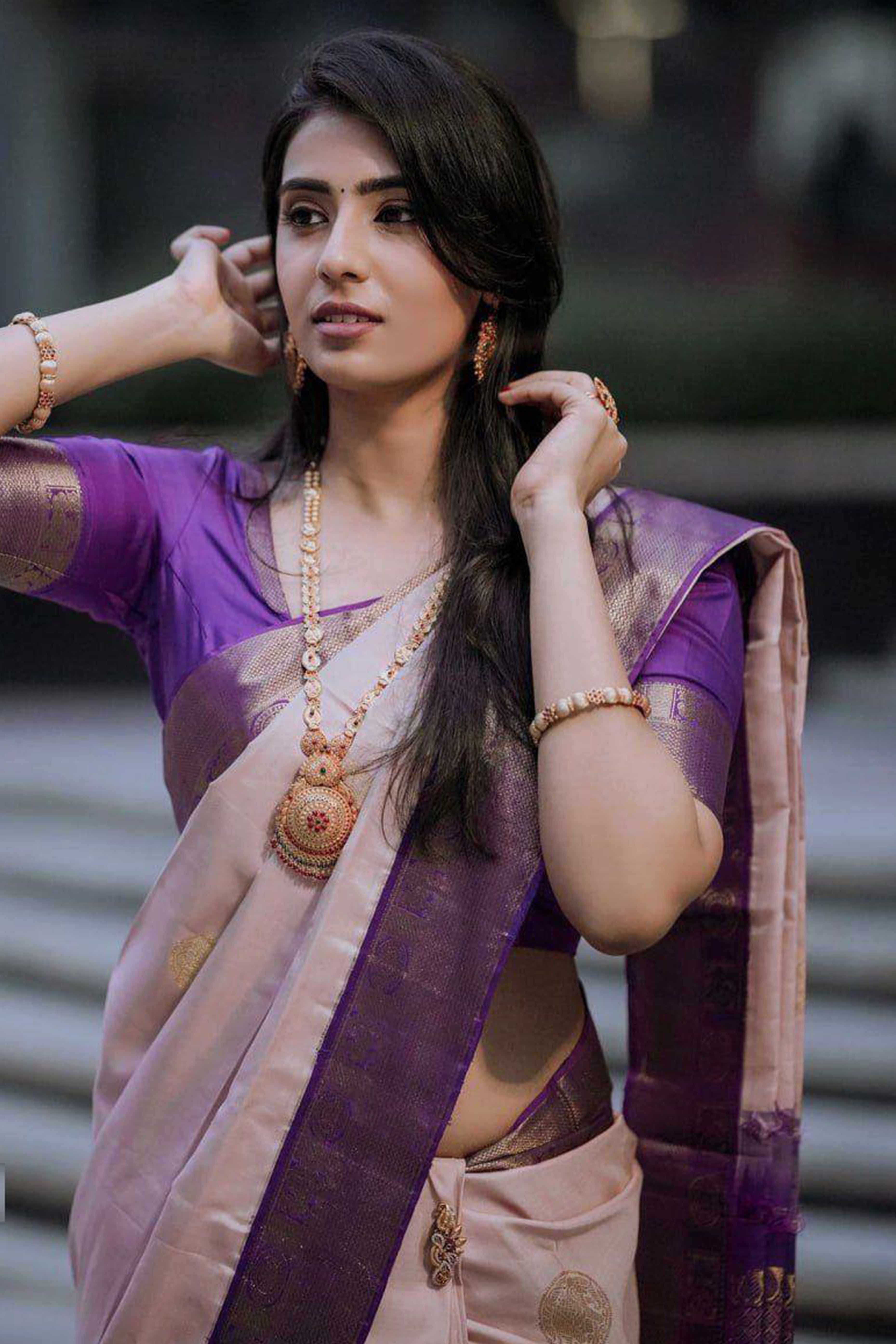 Peach Woven Lichi Banarasi Silk Saree