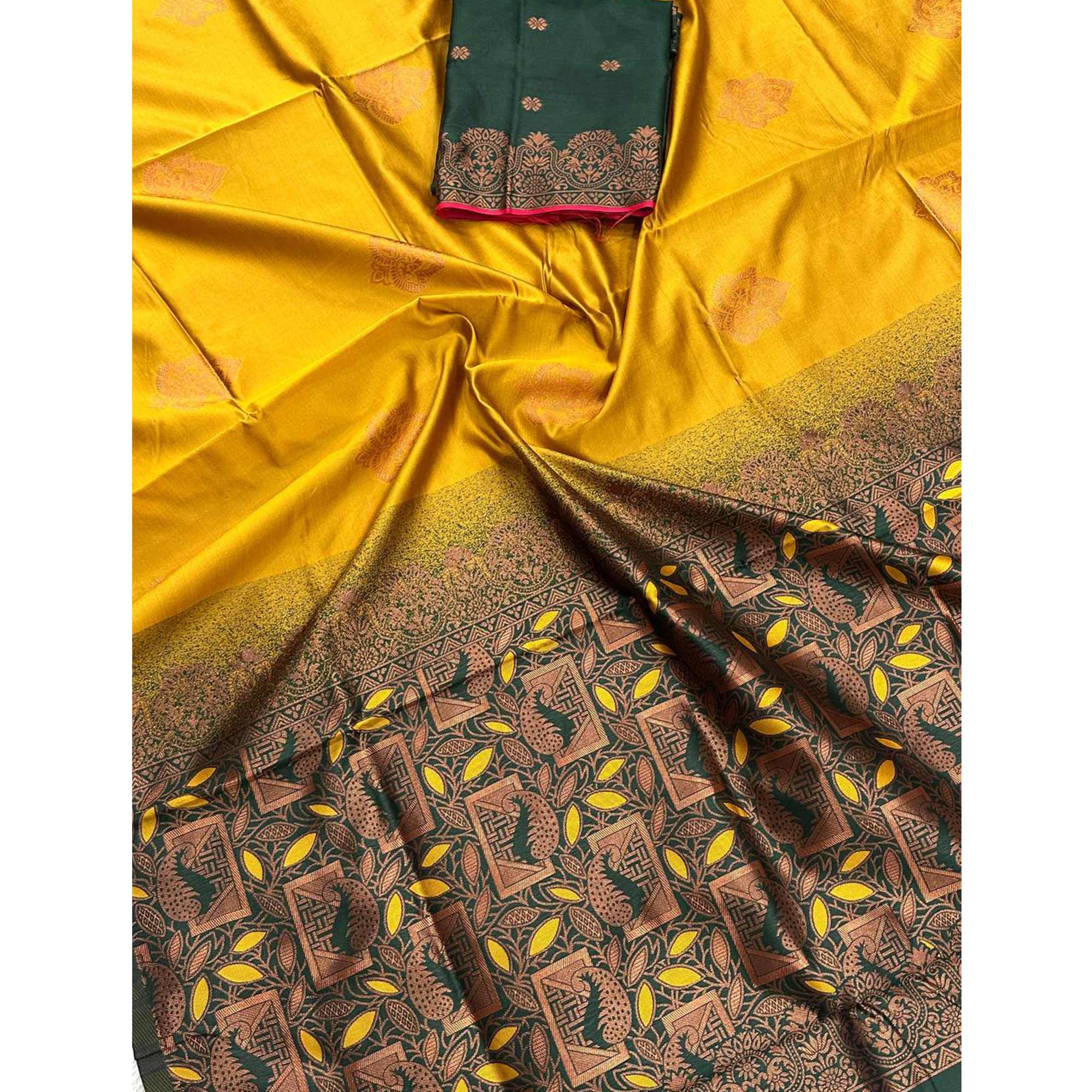 Mustard Banarasi Silk Saree Adorned with Elegant Floral Zari Weaving