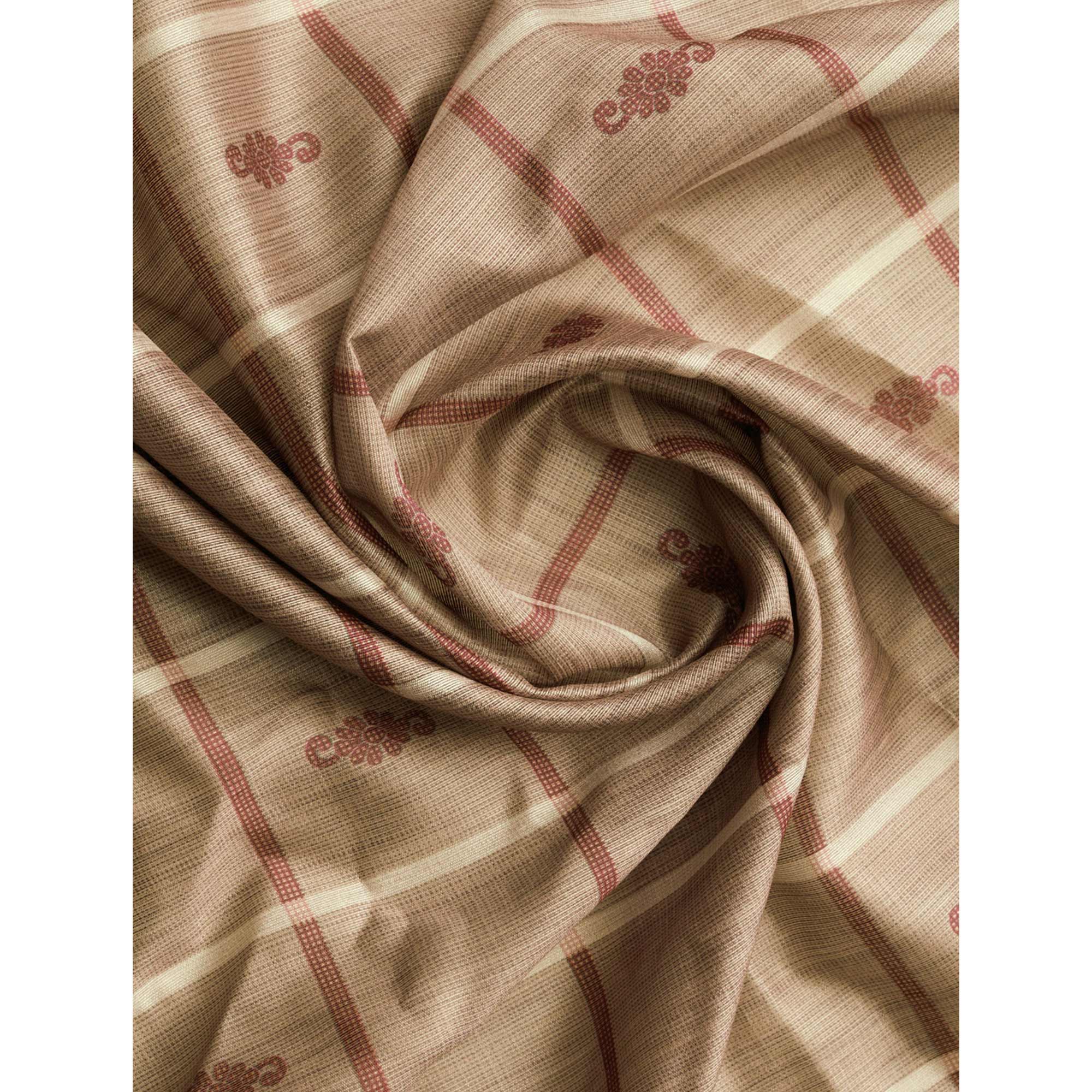 Beige Digital Printed Cotton Silk Saree With Tassels