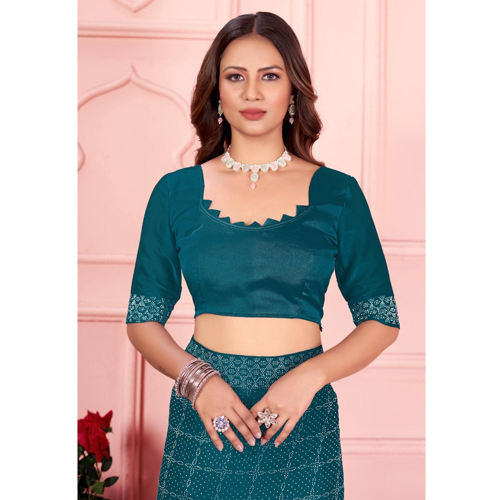 Teal Swarovski Work Satin Saree