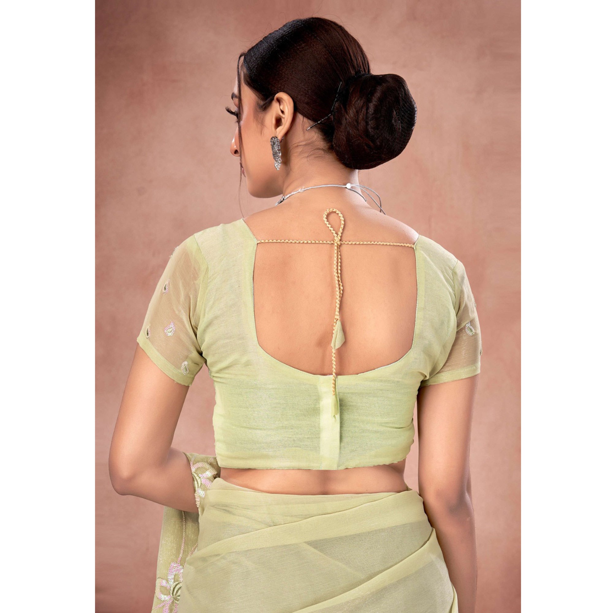 Pista Green Floral Sequins Embroidered Chiffon Saree
