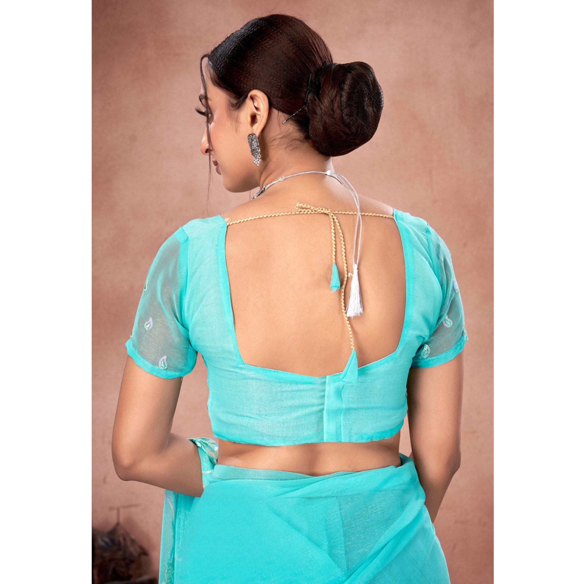 Blue Floral Sequins Embroidered Chiffon Saree