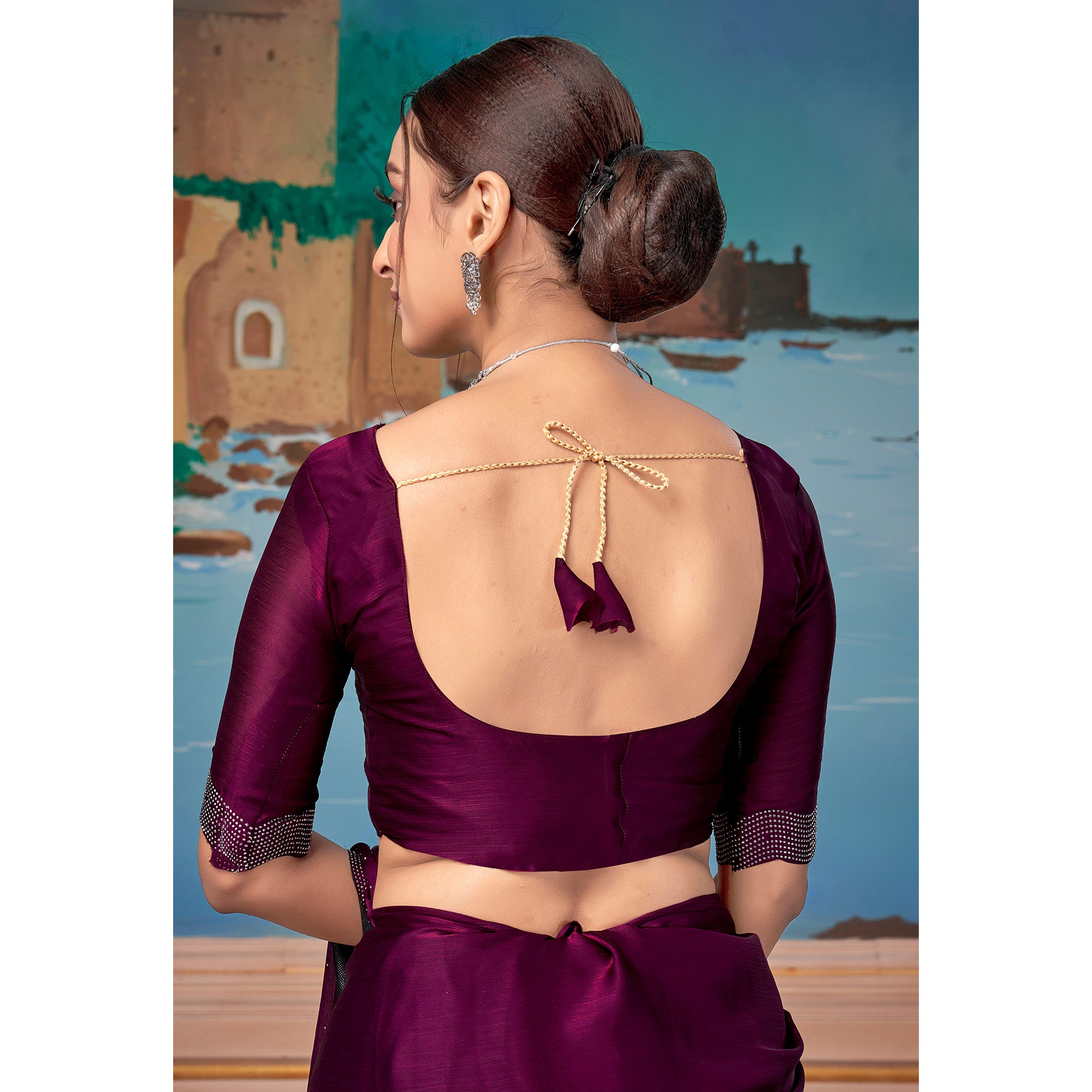 Wine Swarovski Work Satin Saree