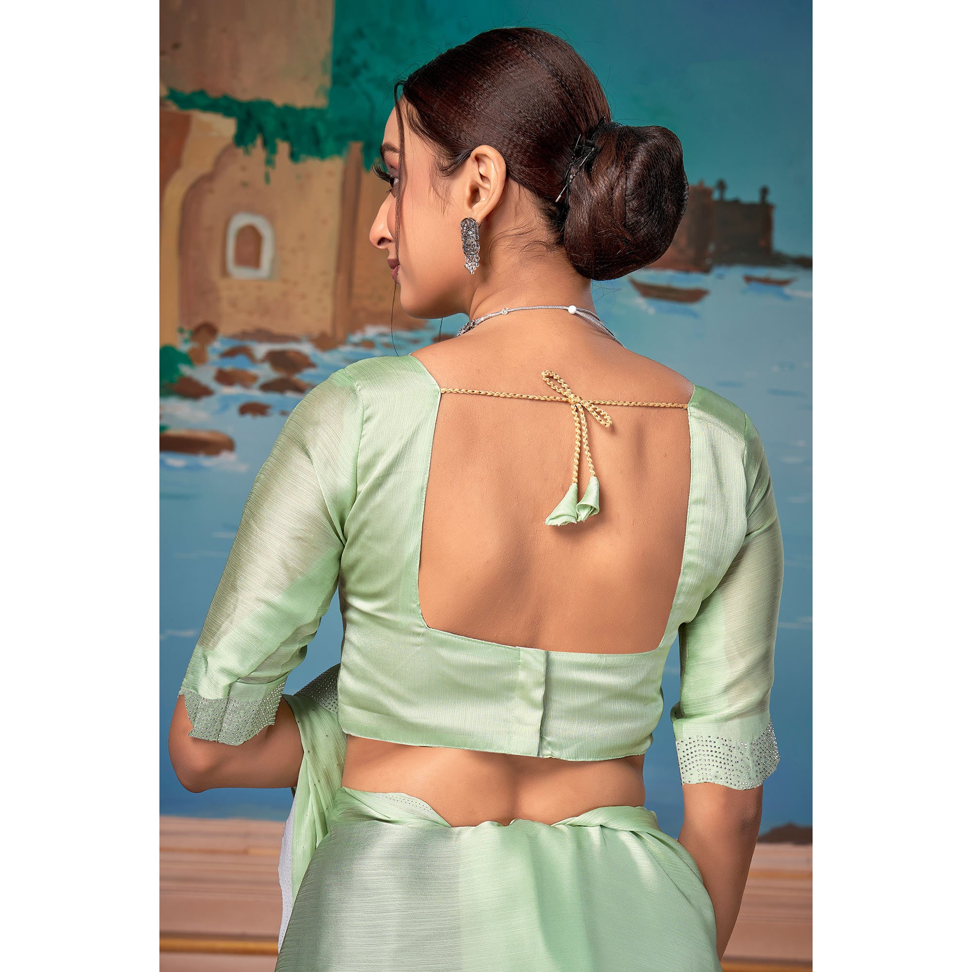 Pista Green Swarovski Work Satin Saree