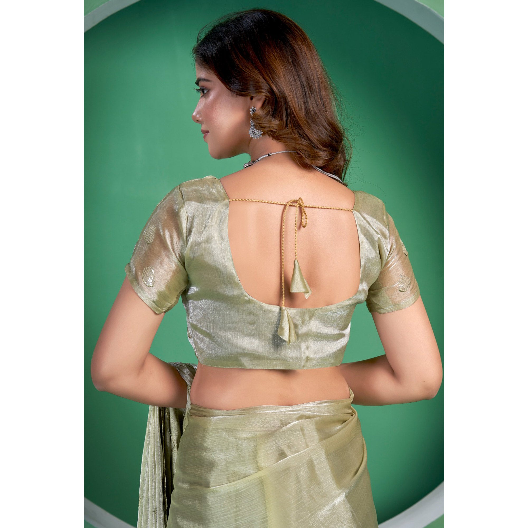 Pista Green Sequins Embroidered Chiffon Saree With Diamond Border