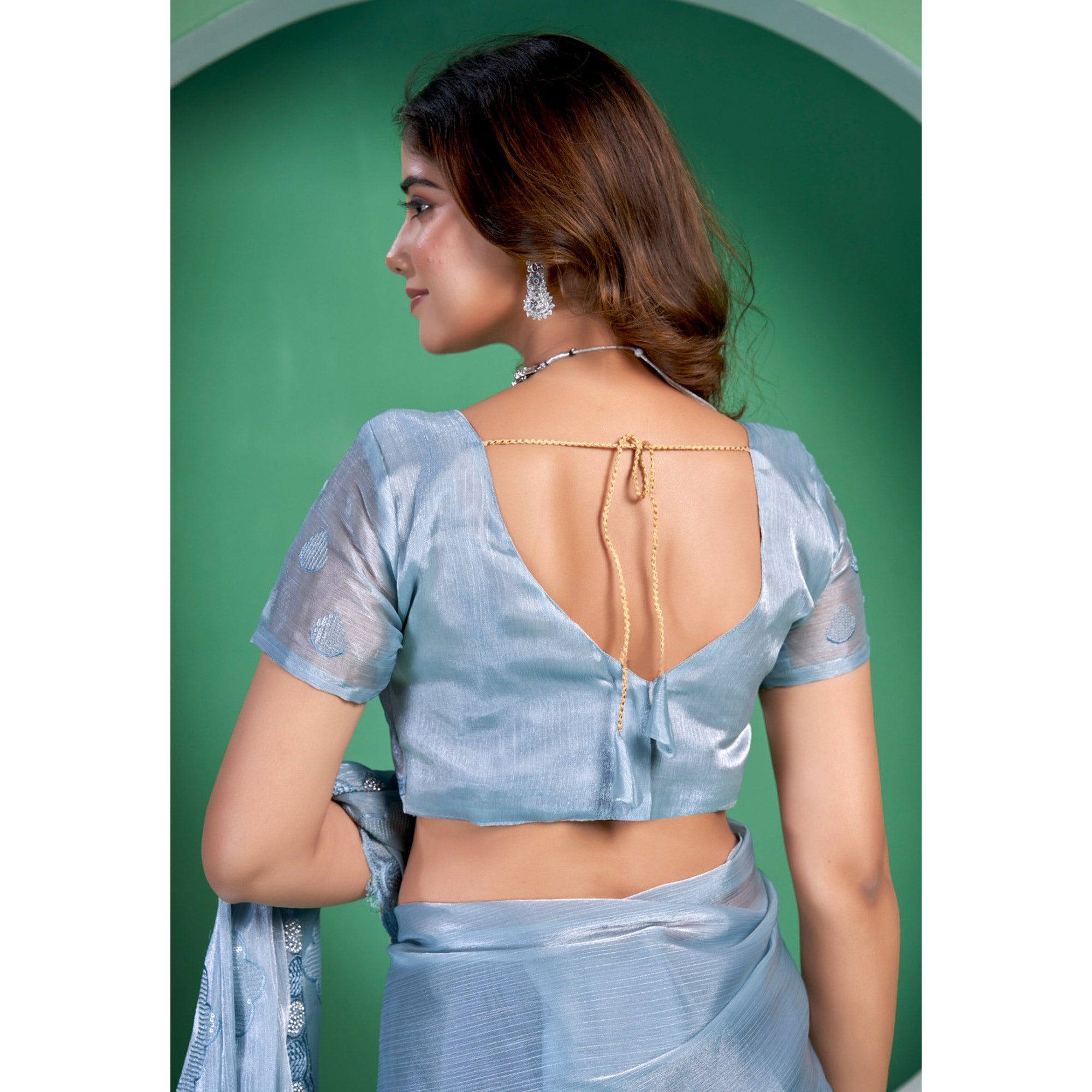 Blue Sequins Embroidered Chiffon Saree With Diamond Border