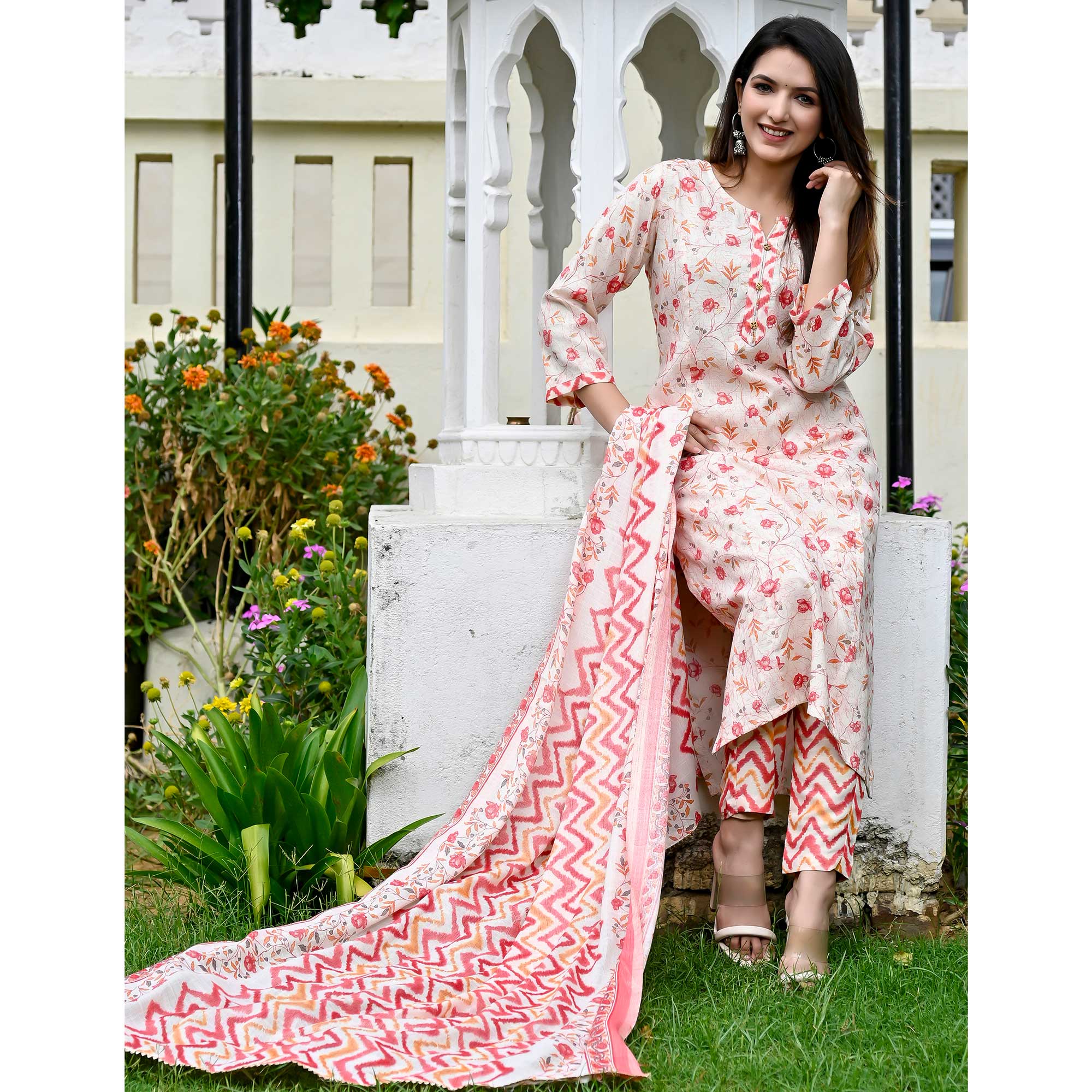 White And Peach Floral Foil Printed Rayon Suit