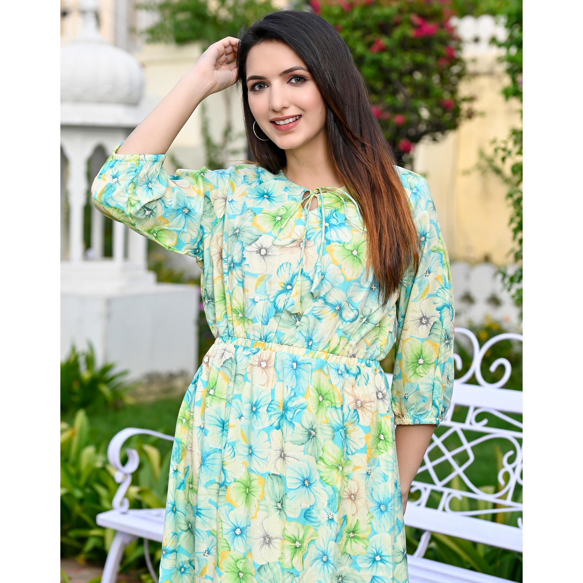 Aqua Blue Floral Printed Rayon Dress